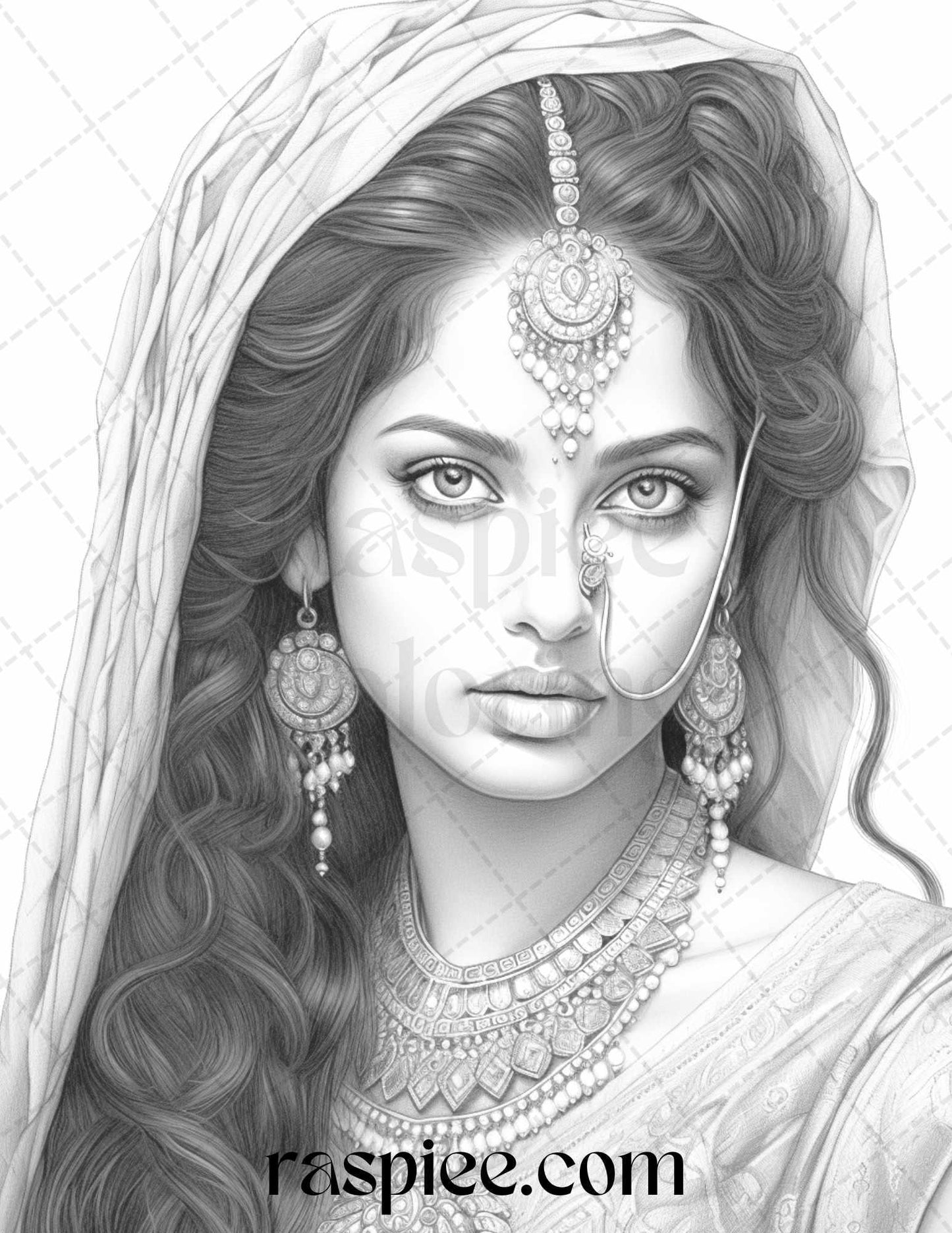 50 Beautiful Indian Women Grayscale Coloring Pages for Adults, Printable PDF File Instant Download