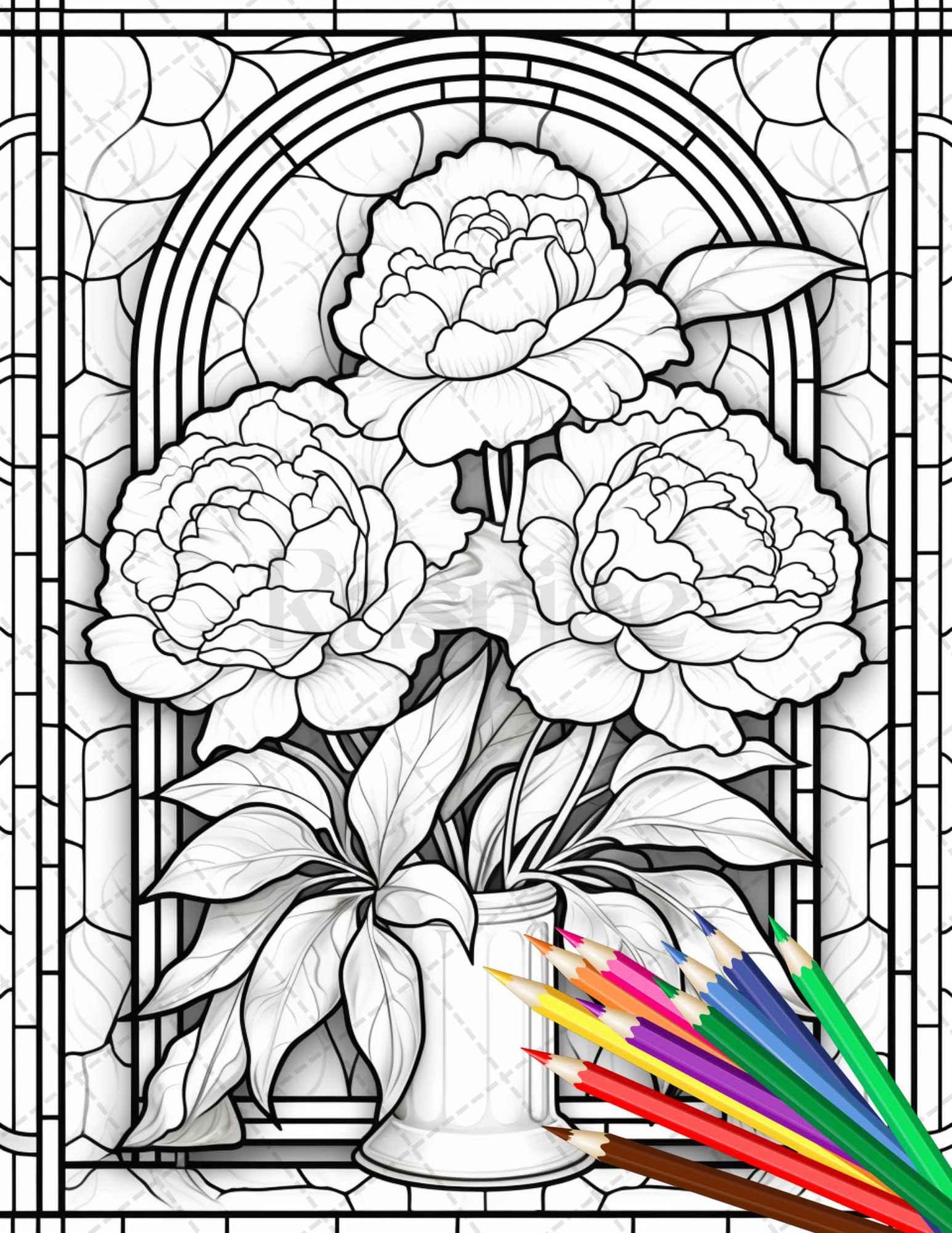 30 Stained Glass Flowers Grayscale Coloring Pages Printable for Adults, PDF File Instant Download
