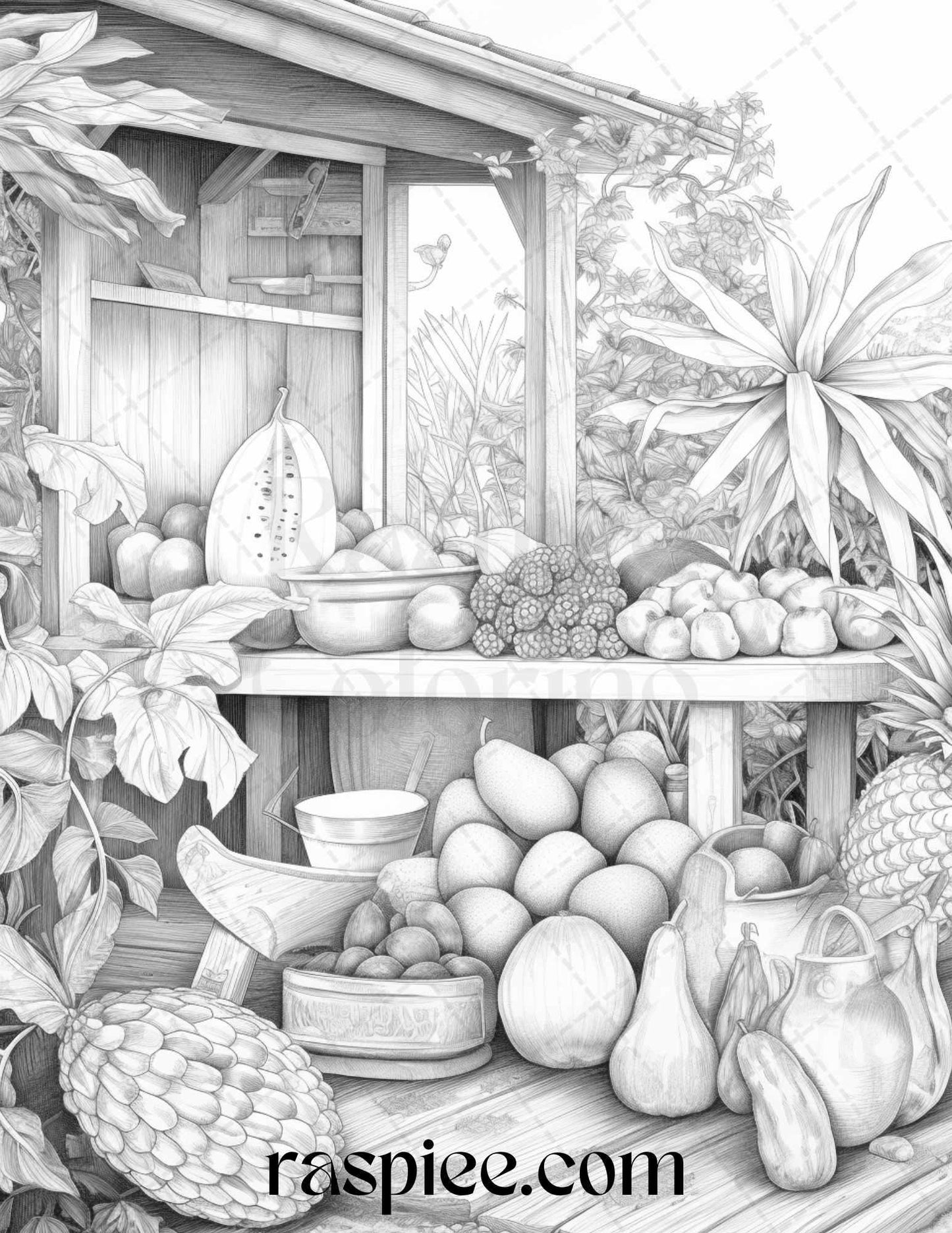 Relaxing Fruit Garden Grayscale Coloring Pages Printable for Adults, PDF File Instant Download