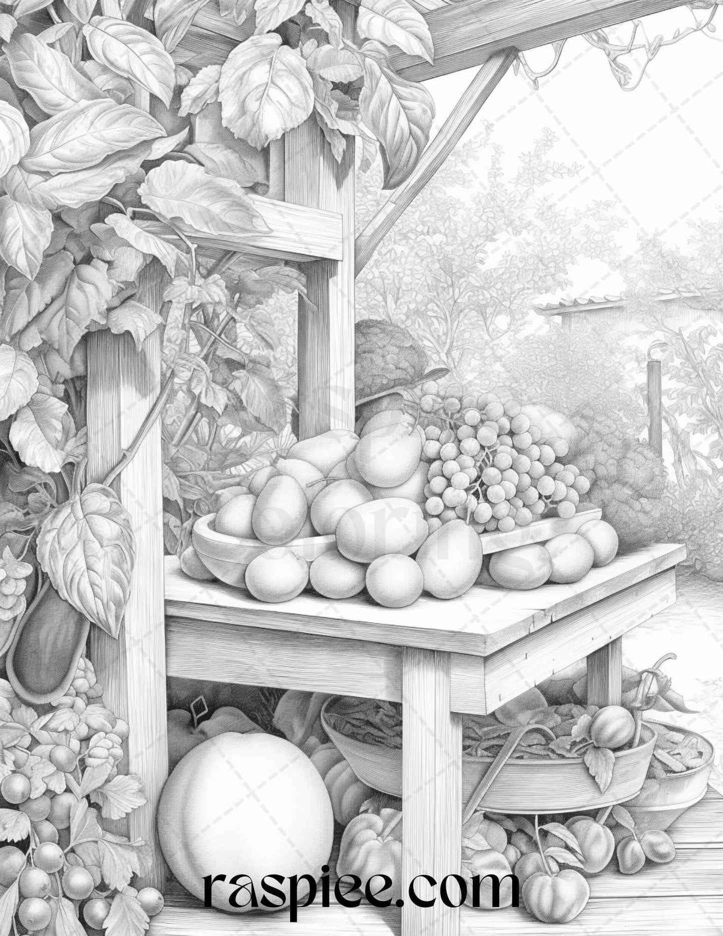Relaxing Fruit Garden Grayscale Coloring Pages Printable for Adults, PDF File Instant Download