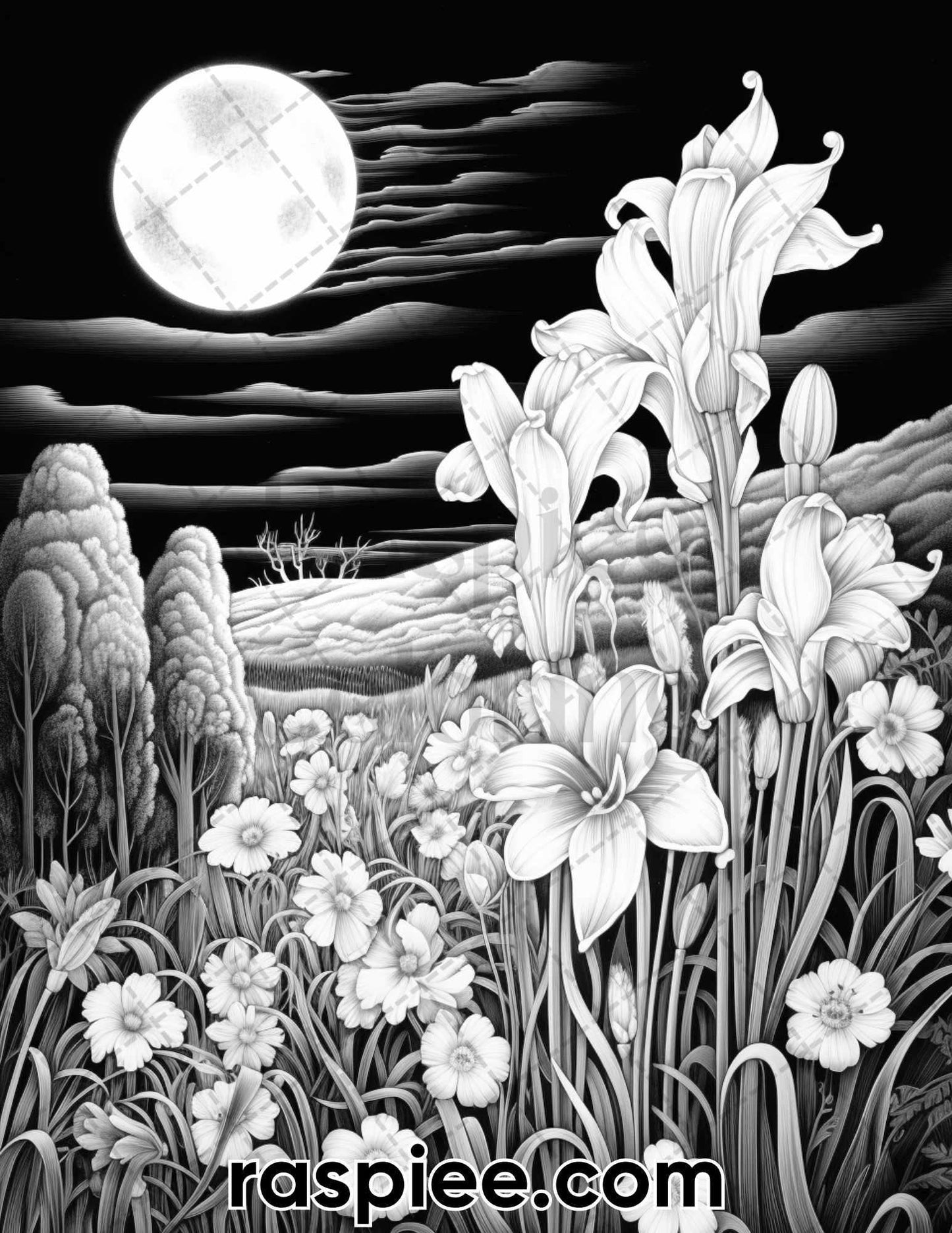 50 Flowers Under Moonlight Grayscale Coloring Pages for Adults, Printable PDF Instant Download