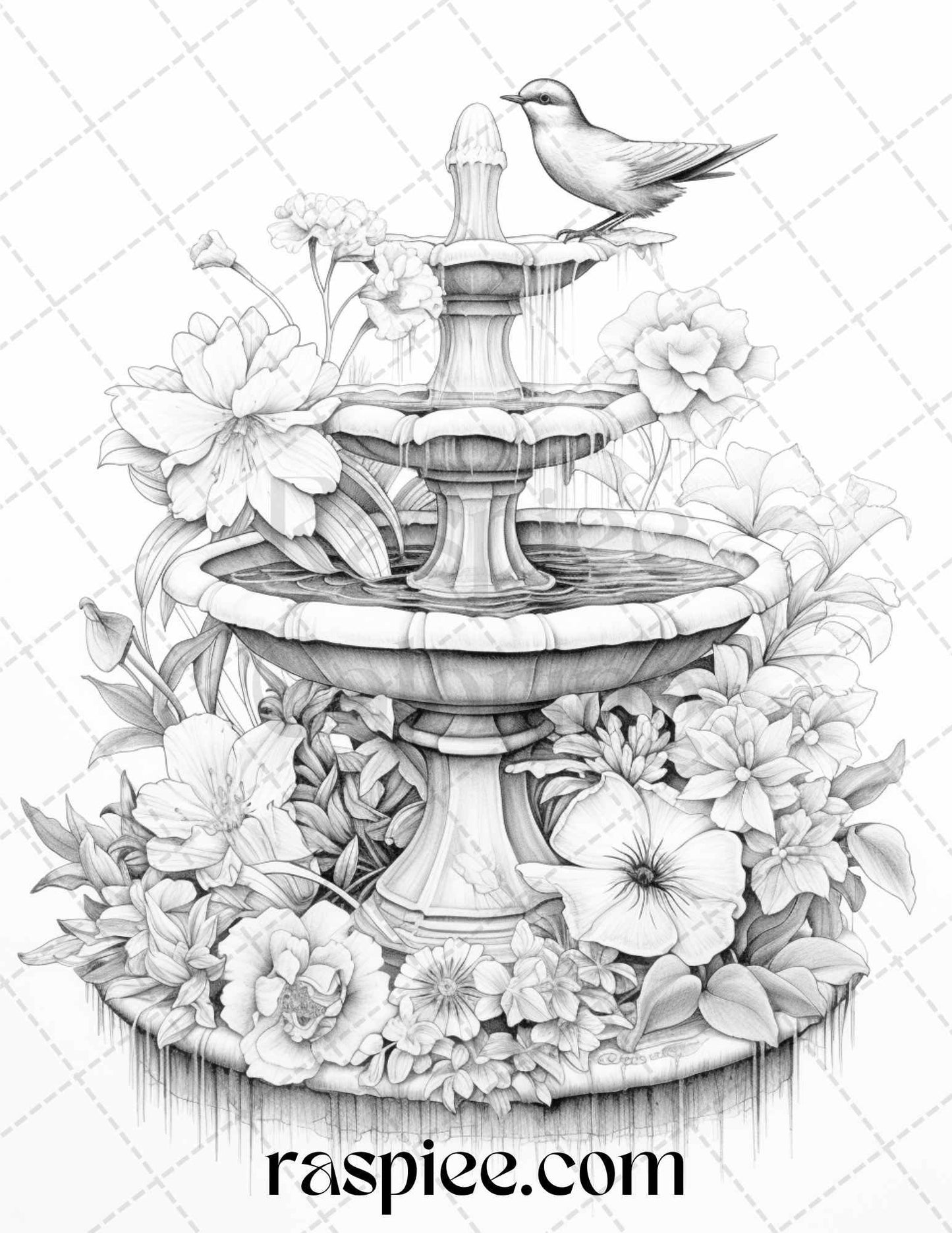 32 Blooming Fountains Grayscale Coloring Pages Printable for Adults, PDF File Instant Download