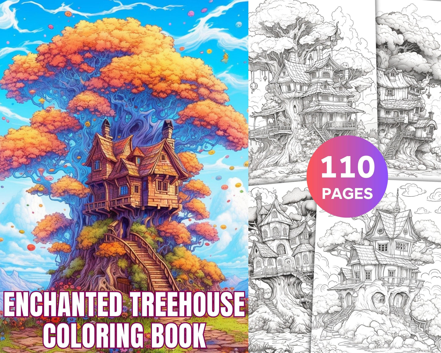 110 Enchanted Treehouse Coloring Book Printable for Adults, Grayscale Coloring Page, PDF File Instant Download