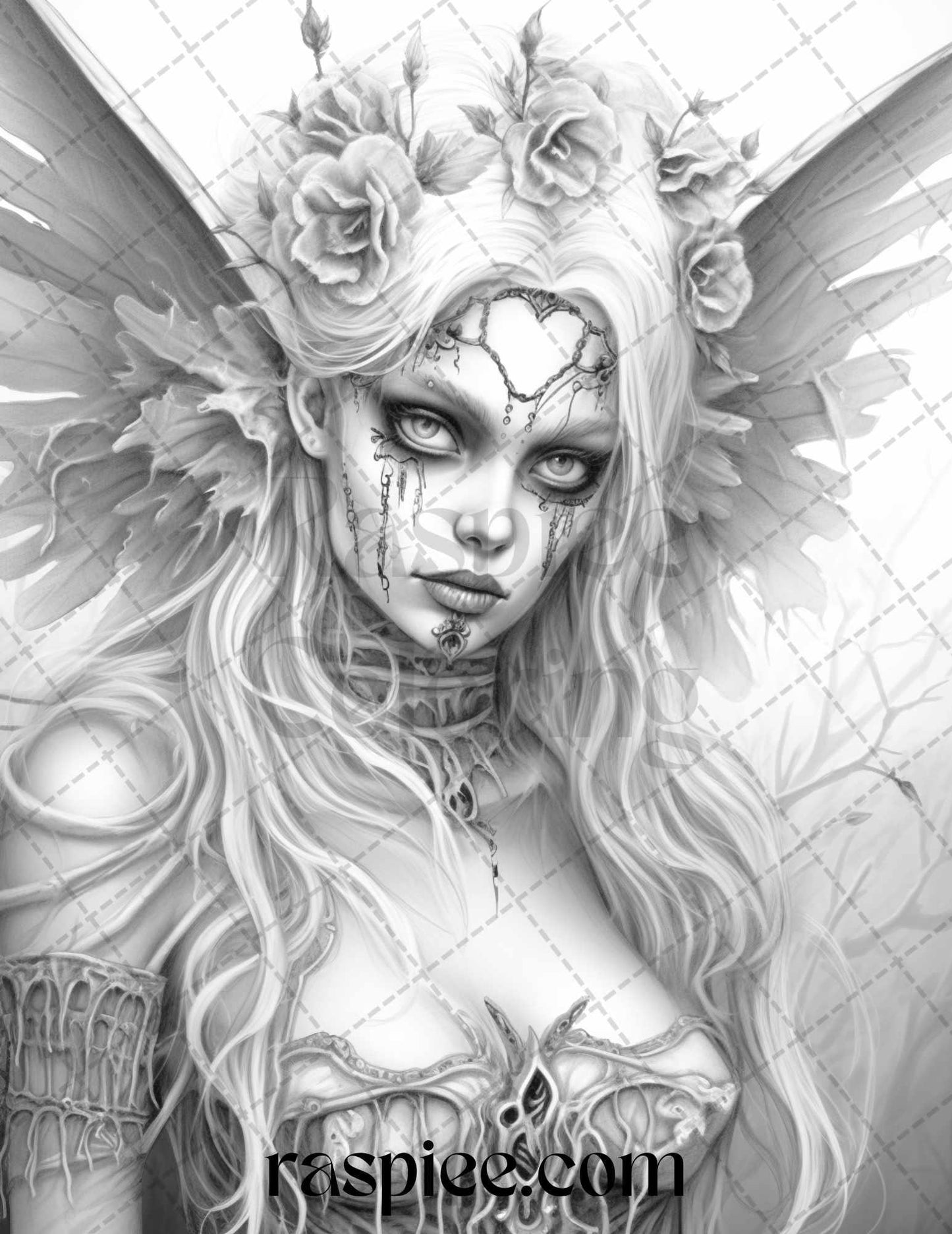 60 Halloween Zombie Fairy Grayscale Coloring Pages Printable for Adults, PDF File Instant Download