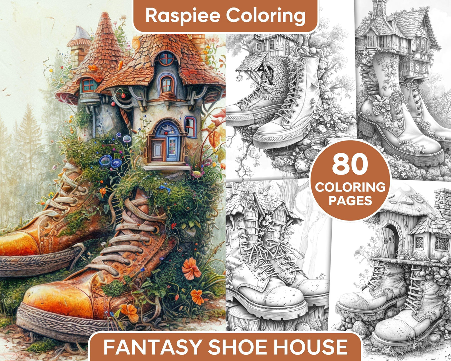 80 Fantasy Shoe House Grayscale Adult Coloring Pages, Printable PDF Instant Download