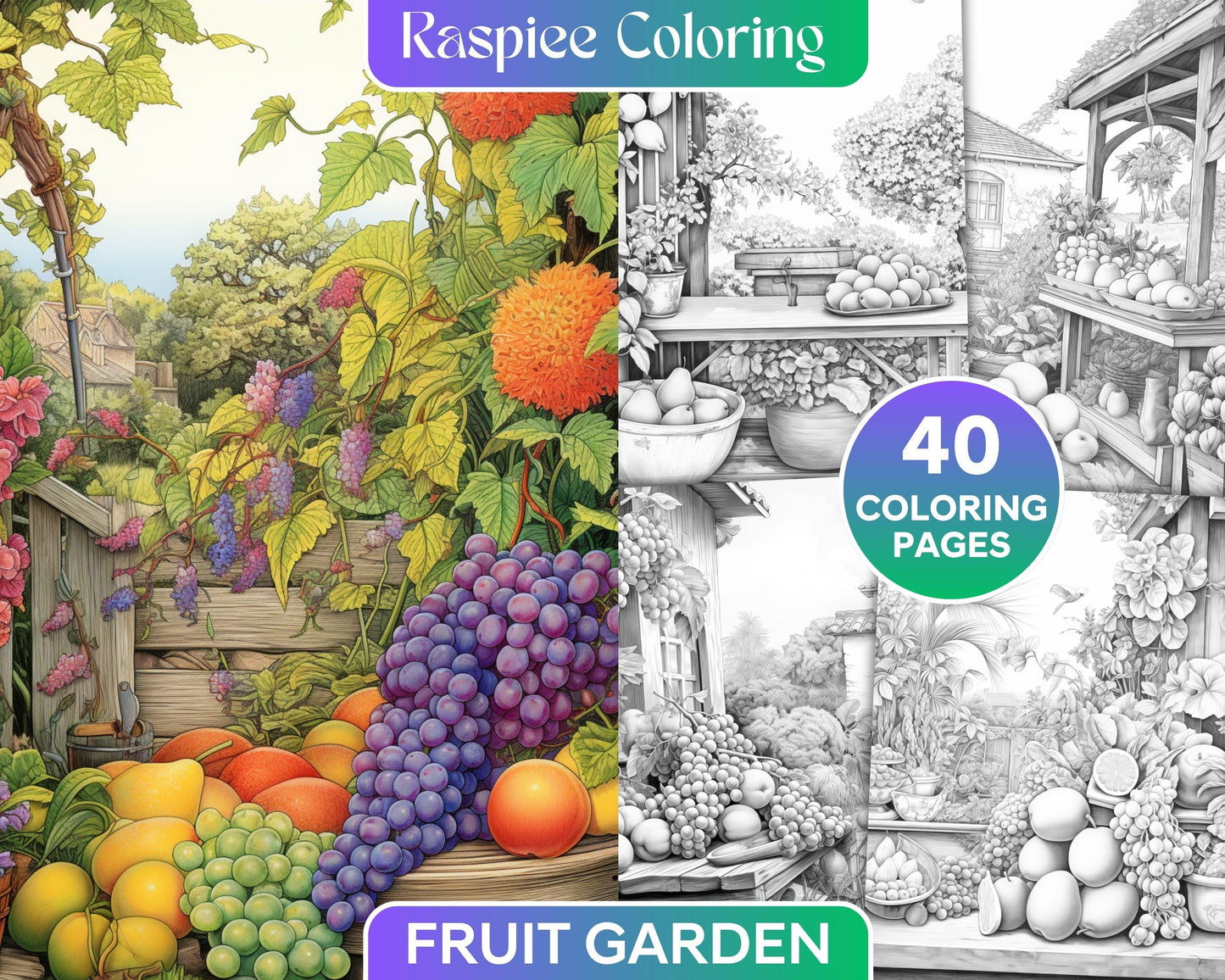 Relaxing Fruit Garden Grayscale Coloring Pages Printable for Adults, PDF File Instant Download
