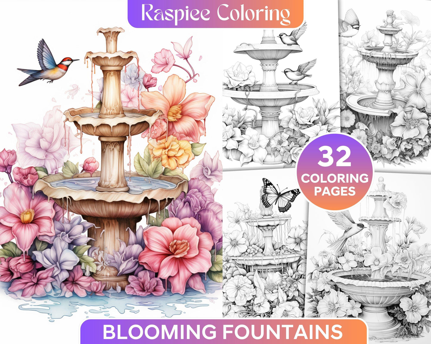 32 Blooming Fountains Grayscale Coloring Pages Printable for Adults, PDF File Instant Download