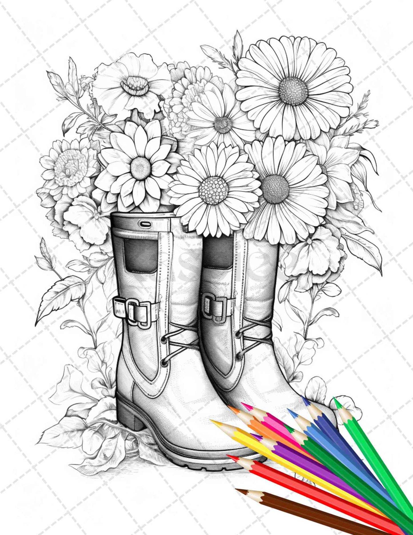 32 Flower Boots Coloring Pages Printable for Adults, Floral Grayscale Coloring Page, PDF File Instant Download