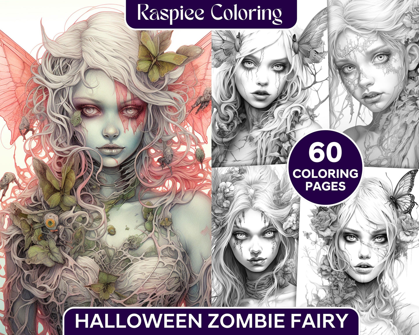 60 Halloween Zombie Fairy Grayscale Coloring Pages Printable for Adults, PDF File Instant Download