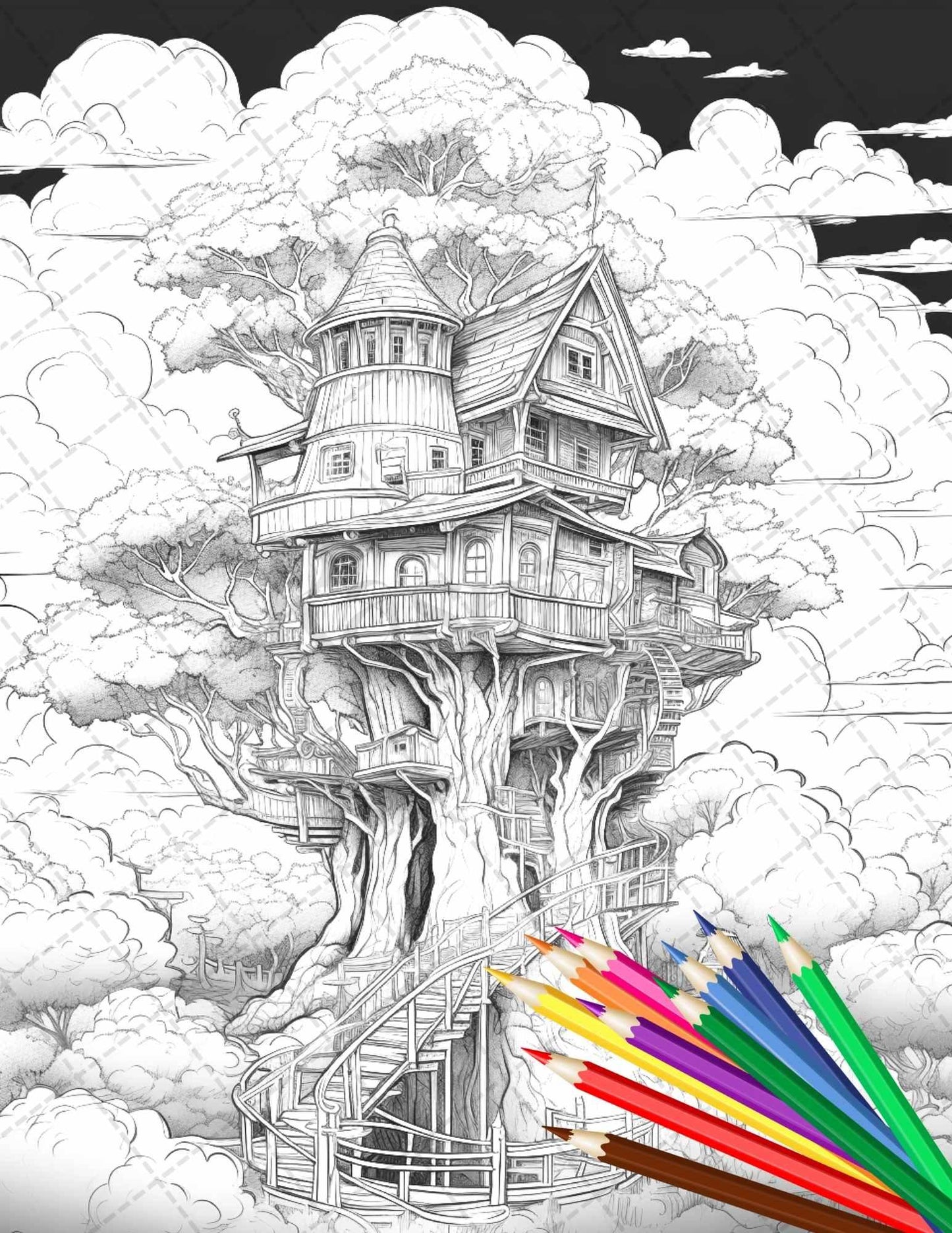 110 Enchanted Treehouse Coloring Book Printable for Adults, Grayscale Coloring Page, PDF File Instant Download