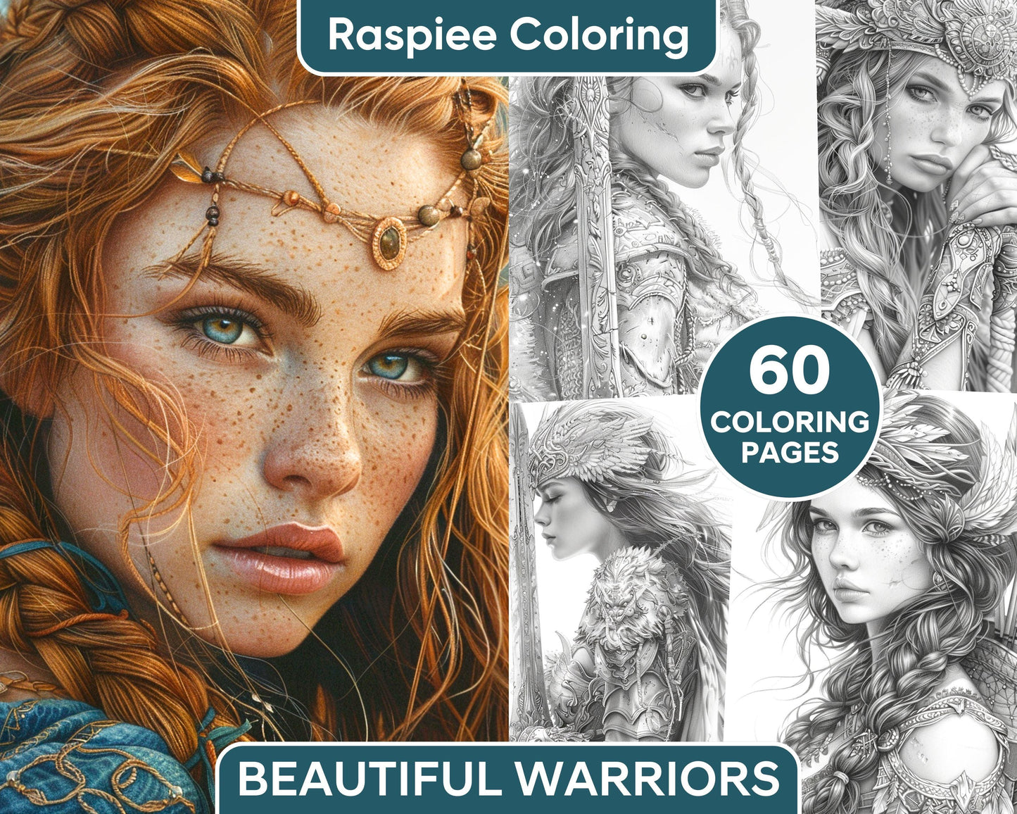 60 Beautiful Warriors Grayscale Adult Coloring Pages, Printable PDF Instant Download