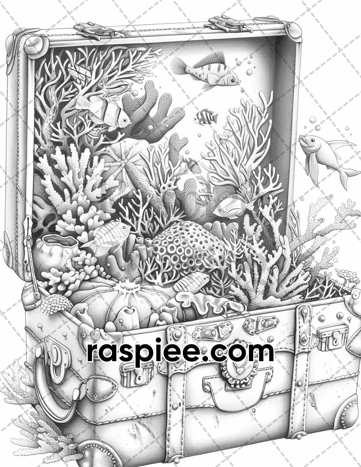 67 Worlds in a Suitcase Grayscale Adult Coloring Pages, Printable PDF Instant Download