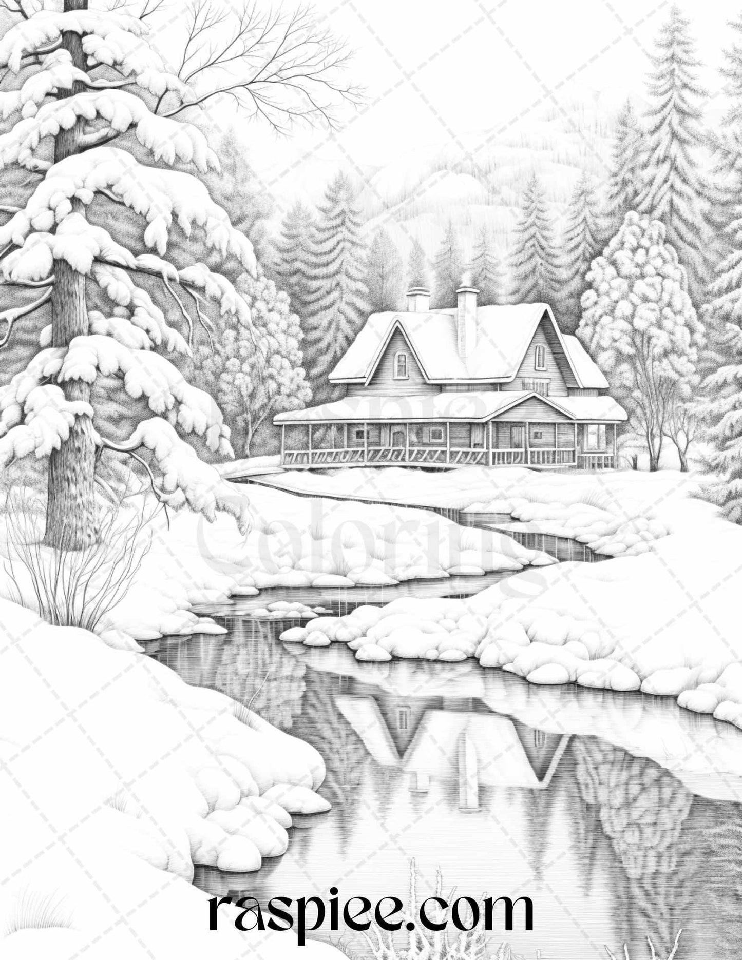 Winter Scenery Grayscale Coloring Pages Printable, Relaxing Snowy Landscapes, PDF File Instant Download