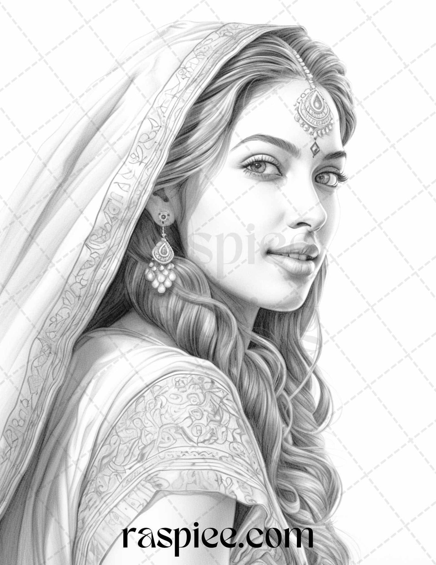50 Beautiful Indian Women Grayscale Coloring Pages for Adults, Printable PDF File Instant Download