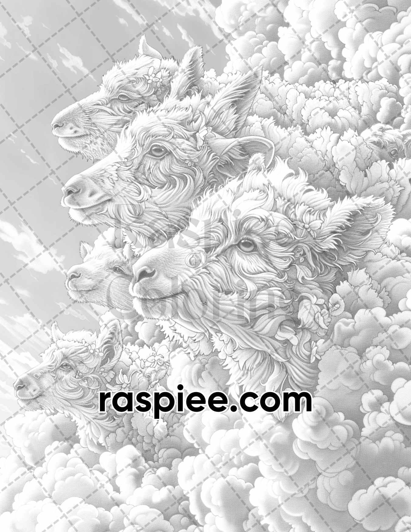 80 Fantasy Animal Cloud Grayscale Adult Coloring Pages, Printable PDF Instant Download