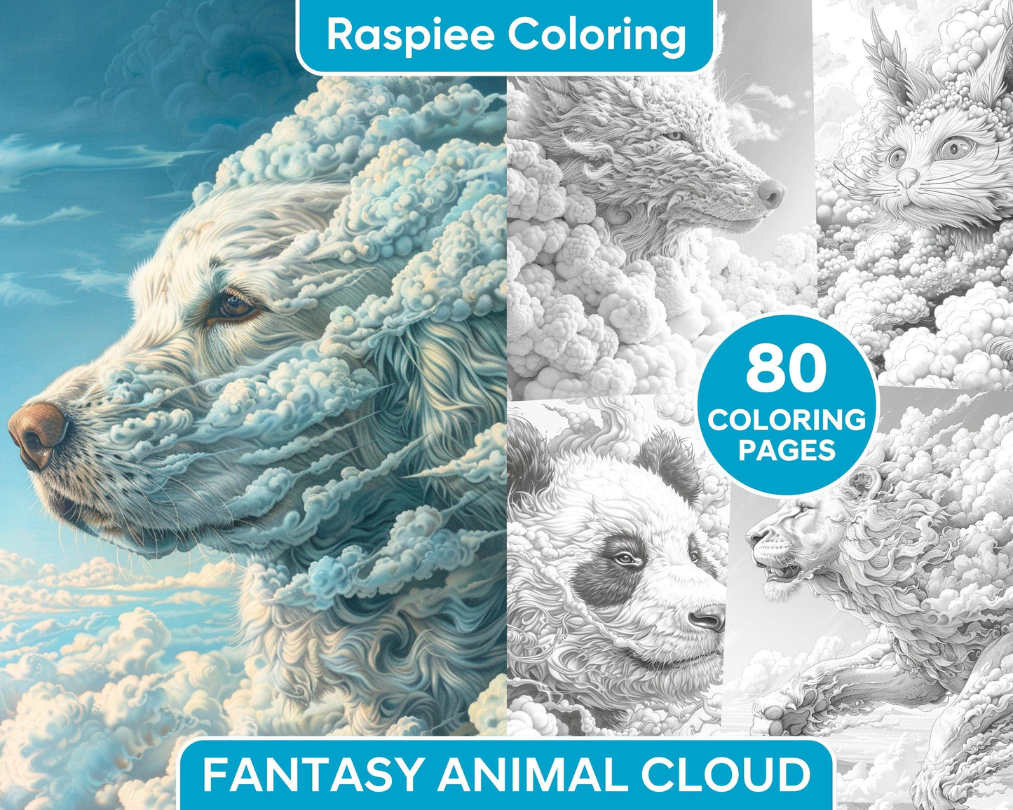80 Fantasy Animal Cloud Grayscale Adult Coloring Pages, Printable PDF Instant Download