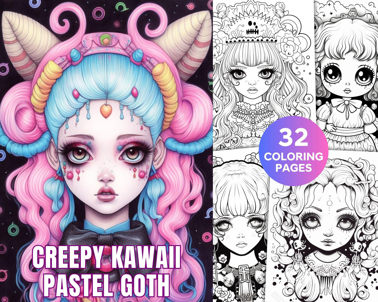 32 Creepy Kawaii Pastel Goth Coloring Pages Printable for Adults, Grayscale Coloring Page, PDF File Instant Download