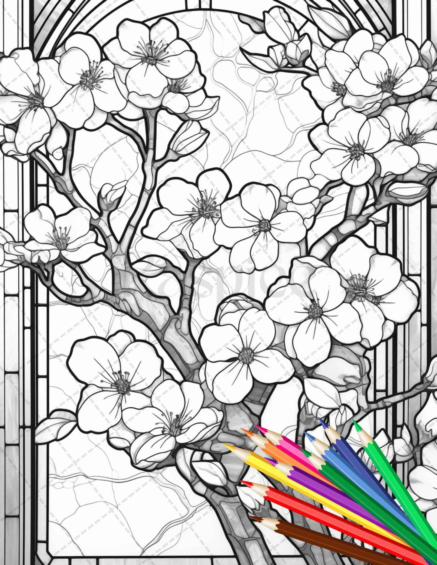 30 Stained Glass Flowers Grayscale Coloring Pages Printable for Adults, PDF File Instant Download