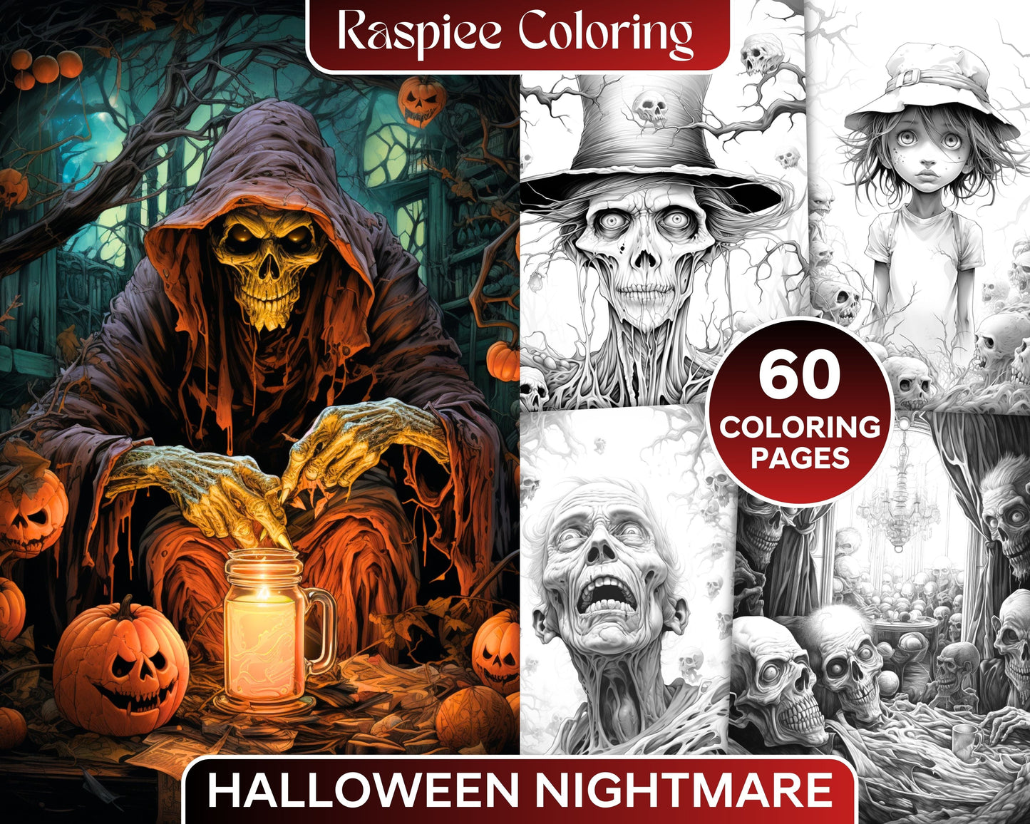 60 Halloween Nightmare Grayscale Coloring Pages Printable for Adults, PDF File Instant Download