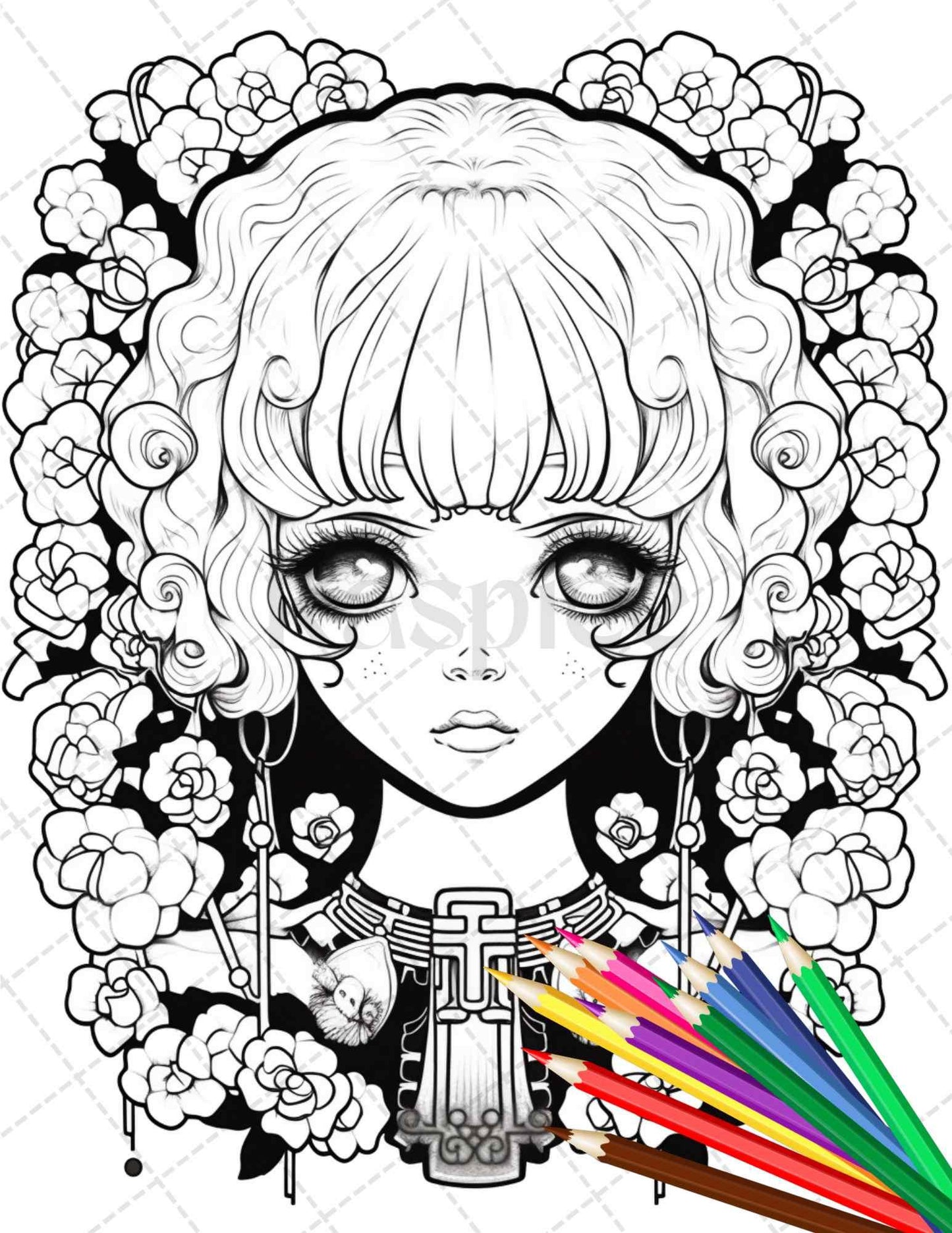 32 Creepy Kawaii Pastel Goth Coloring Pages Printable for Adults, Grayscale Coloring Page, PDF File Instant Download