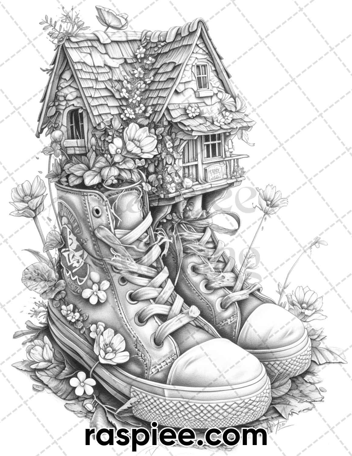 80 Fantasy Shoe House Grayscale Adult Coloring Pages, Printable PDF Instant Download