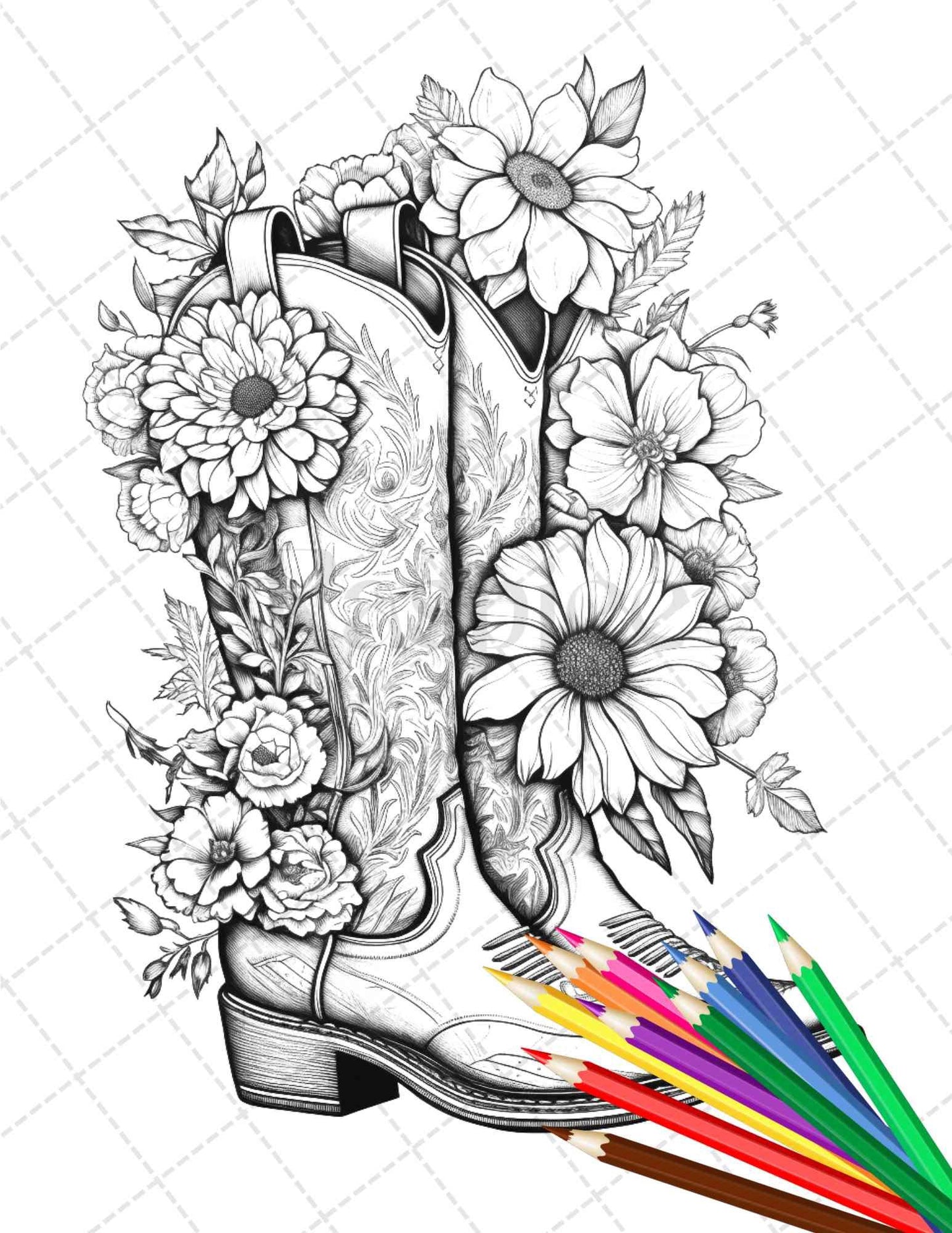 32 Flower Boots Coloring Pages Printable for Adults, Floral Grayscale Coloring Page, PDF File Instant Download