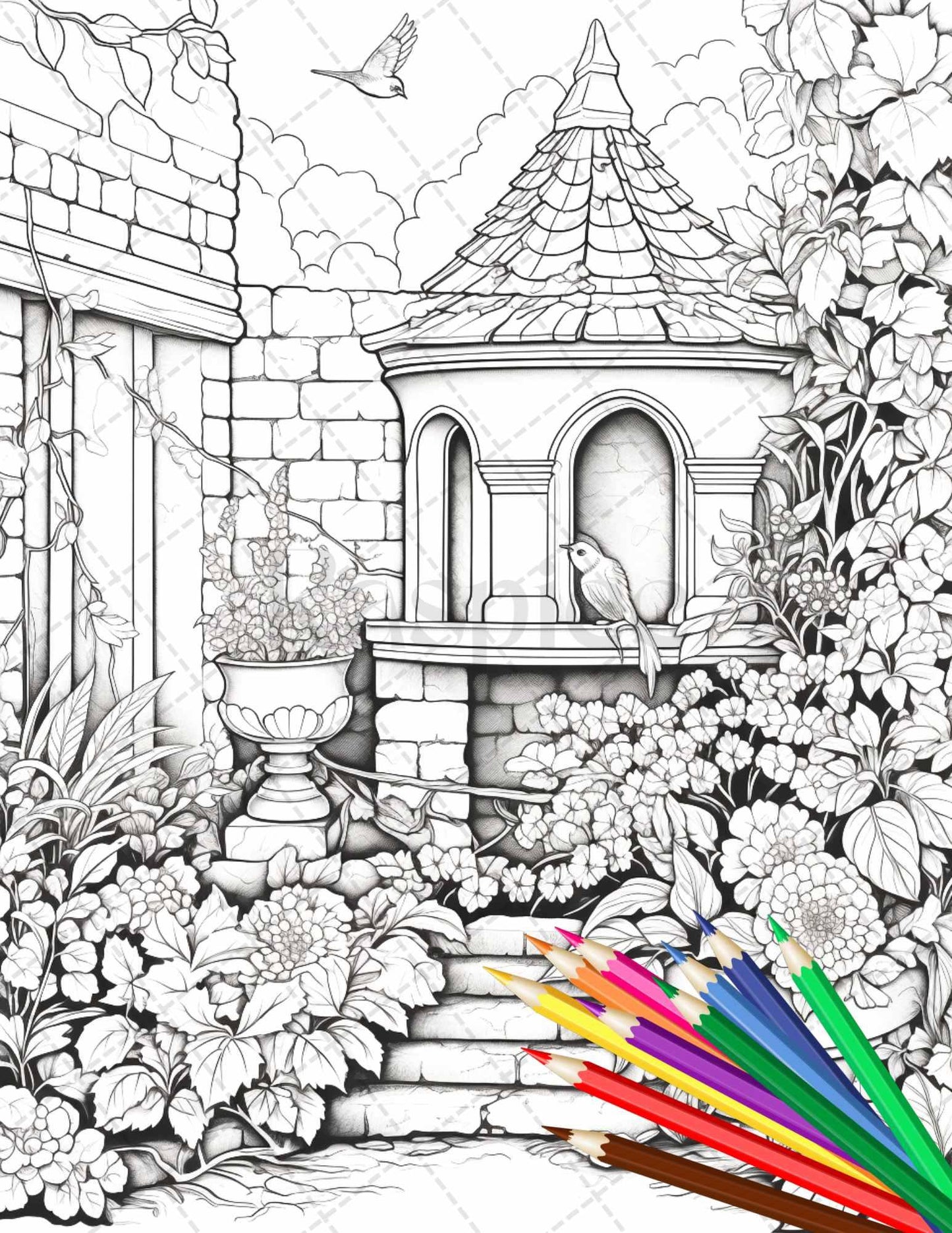 Secret Garden Coloring Pages Printable for Adults, Grayscale Coloring Page, PDF File Instant Download