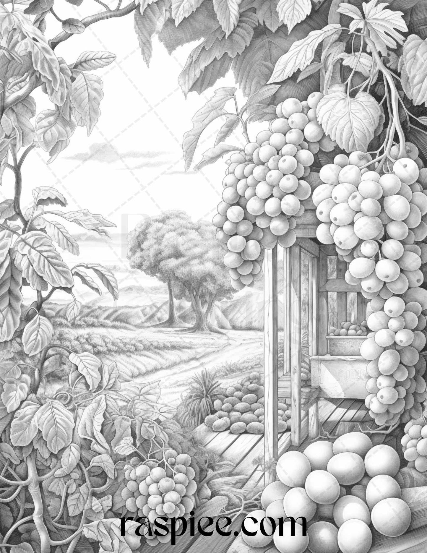 Relaxing Fruit Garden Grayscale Coloring Pages Printable for Adults, PDF File Instant Download