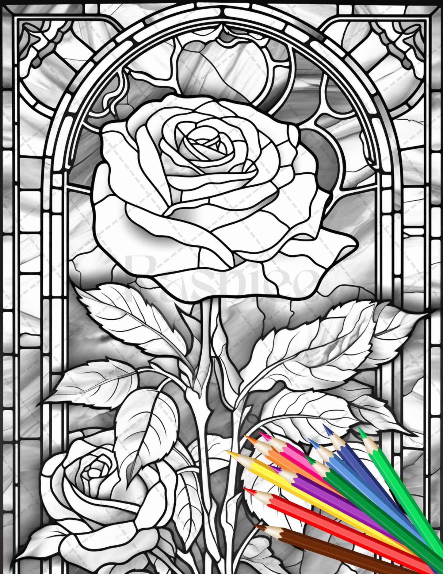 30 Stained Glass Flowers Grayscale Coloring Pages Printable for Adults, PDF File Instant Download