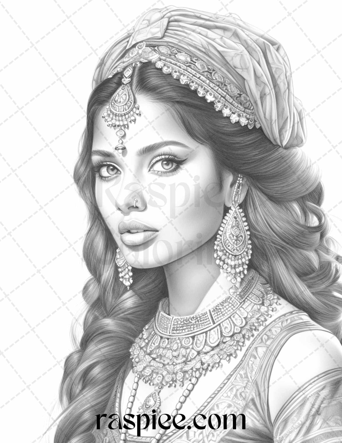 50 Beautiful Indian Women Grayscale Coloring Pages for Adults, Printable PDF File Instant Download