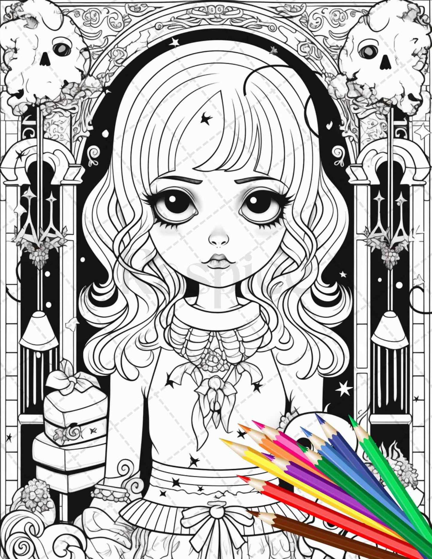 32 Creepy Kawaii Pastel Goth Coloring Pages Printable for Adults, Grayscale Coloring Page, PDF File Instant Download