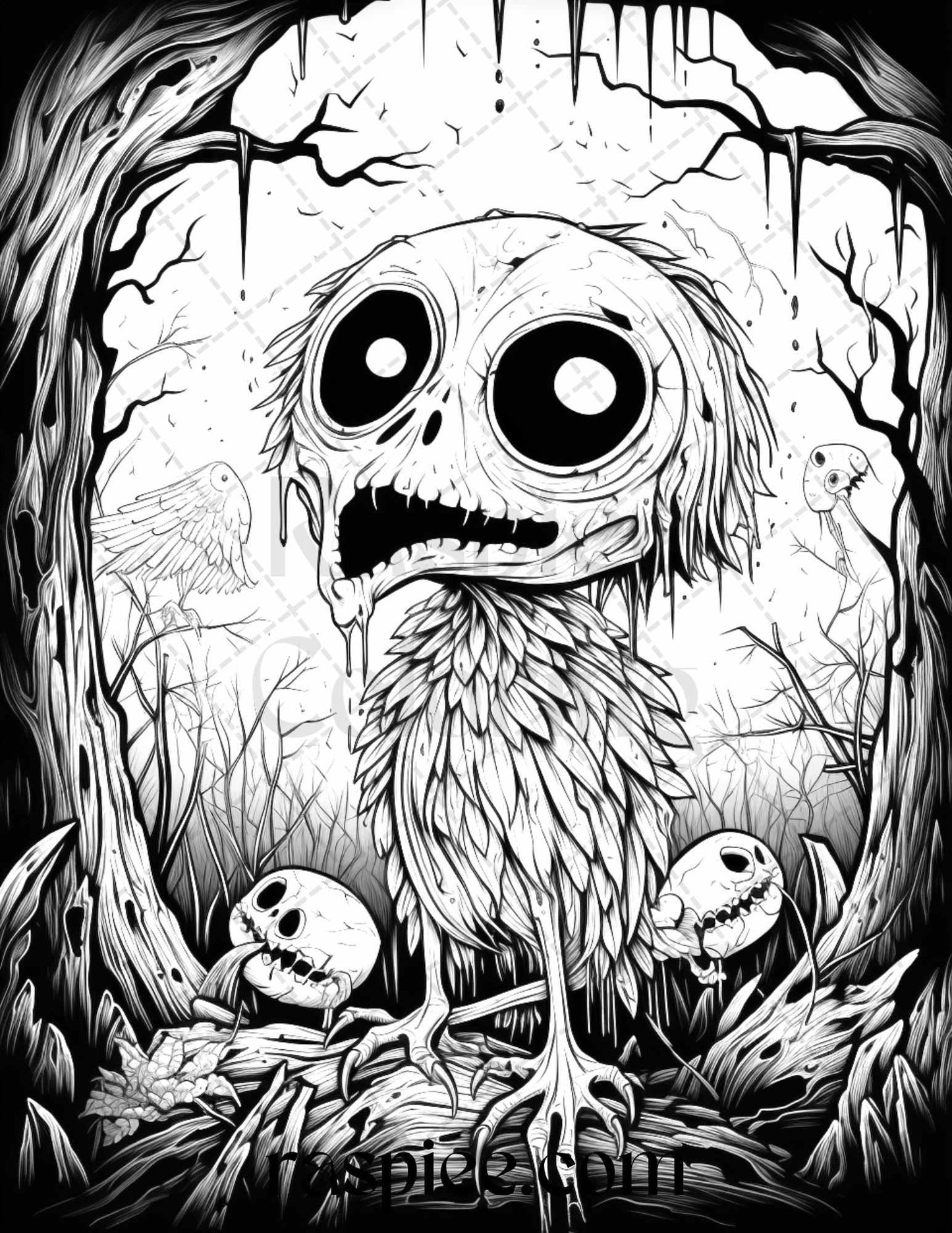 50 Halloween Scary Animals Grayscale Coloring Pages Printable for Adults, PDF File Instant Download