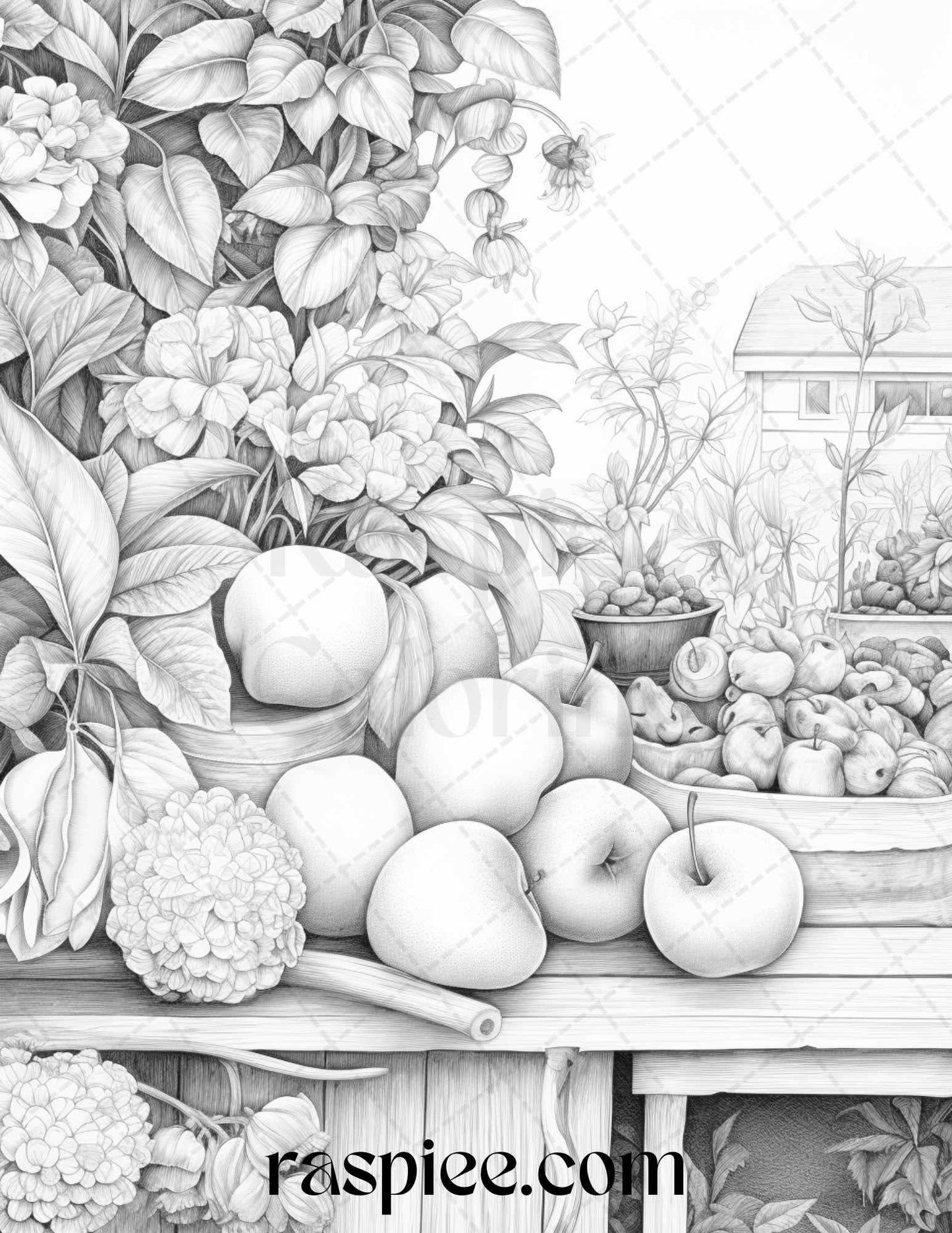 Relaxing Fruit Garden Grayscale Coloring Pages Printable for Adults, PDF File Instant Download