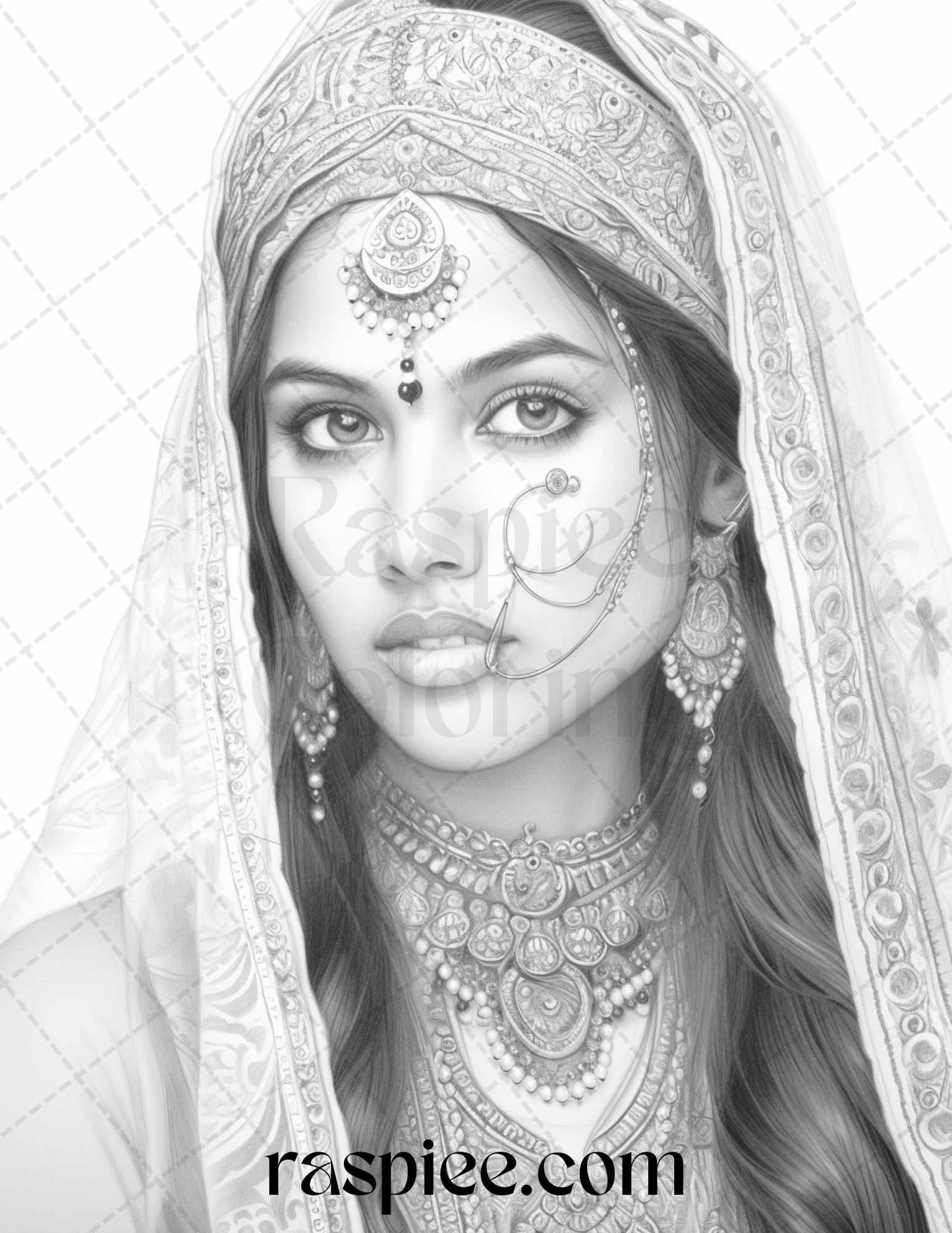 50 Beautiful Indian Women Grayscale Coloring Pages for Adults, Printable PDF File Instant Download