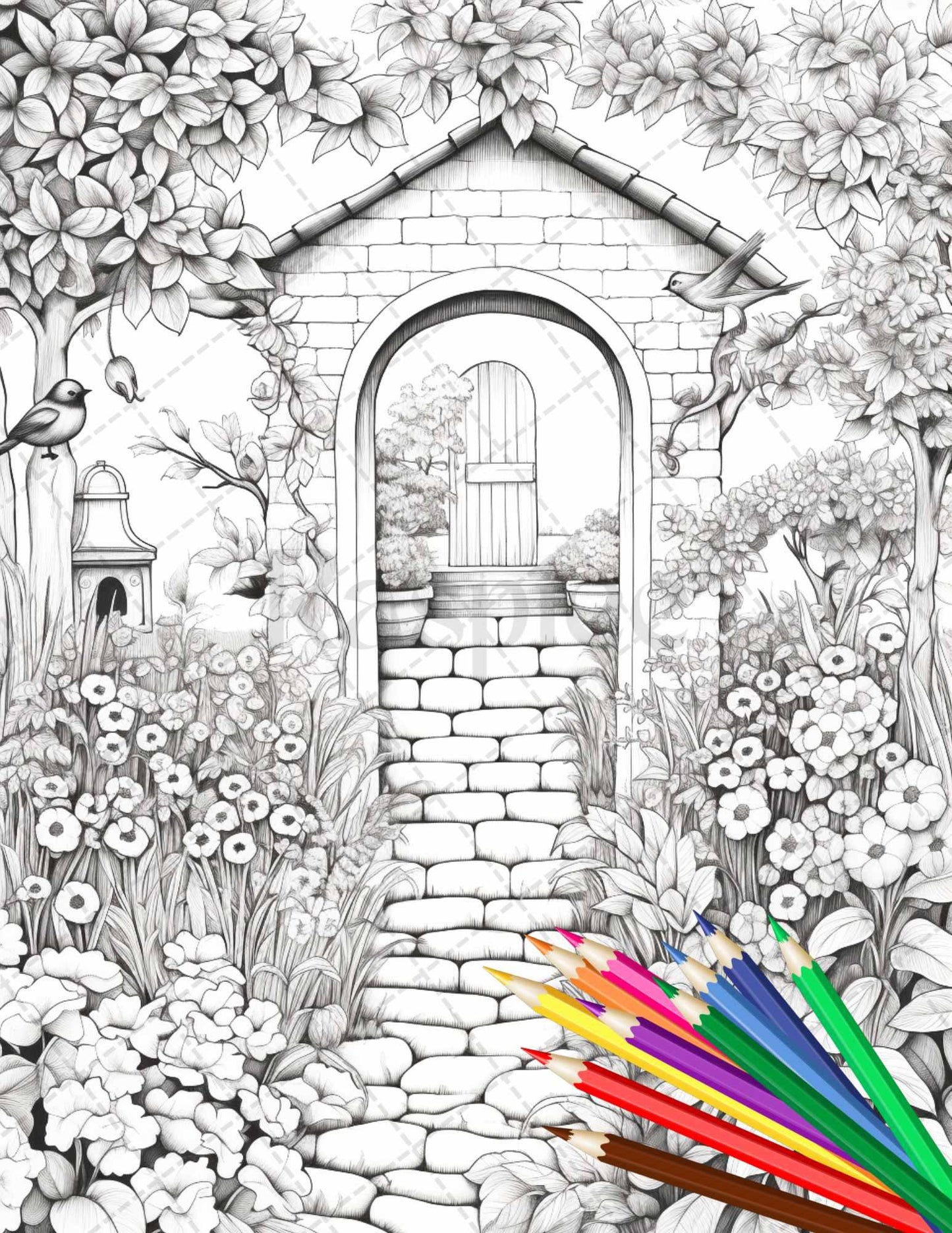 Secret Garden Coloring Pages Printable for Adults, Grayscale Coloring Page, PDF File Instant Download