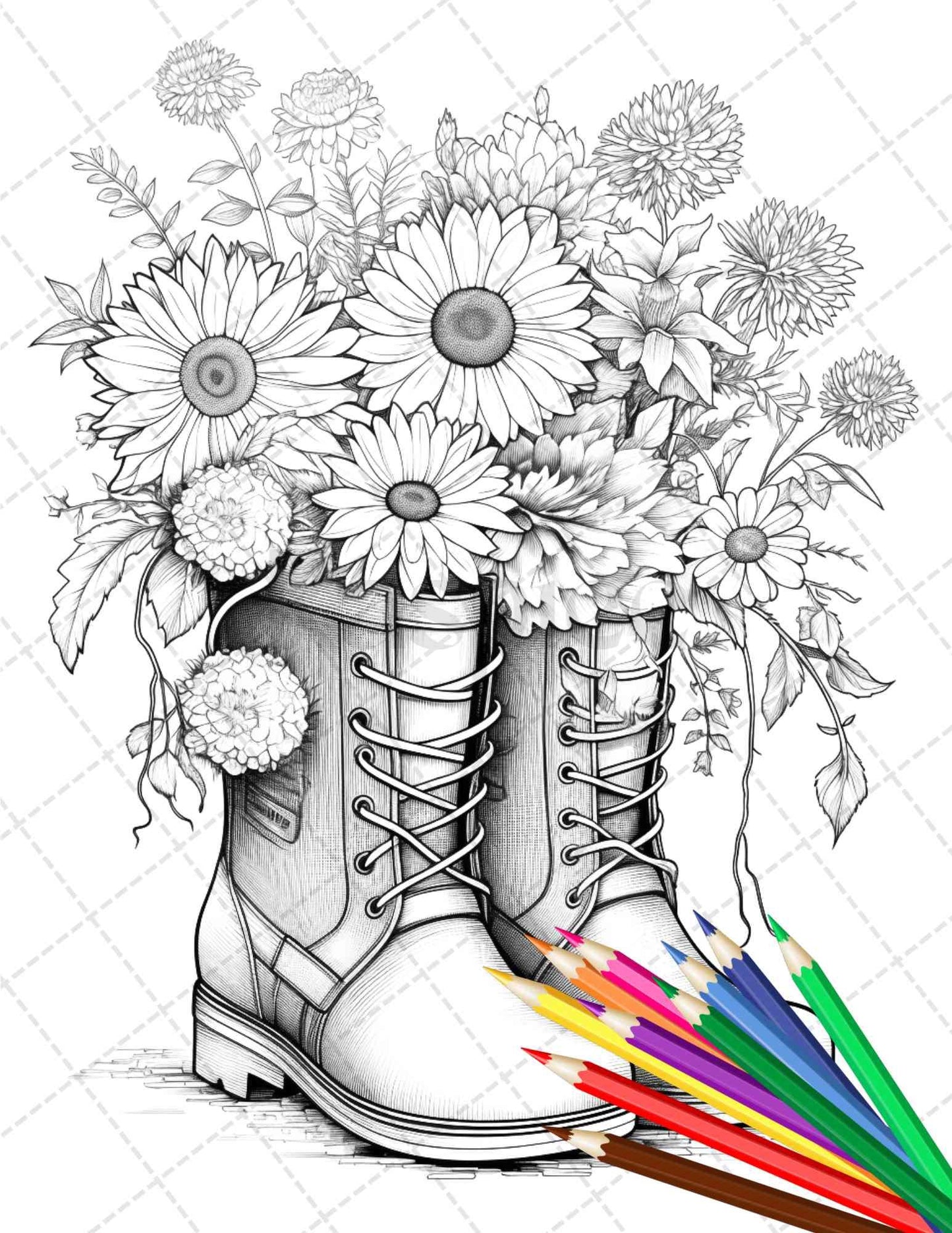 32 Flower Boots Coloring Pages Printable for Adults, Floral Grayscale Coloring Page, PDF File Instant Download