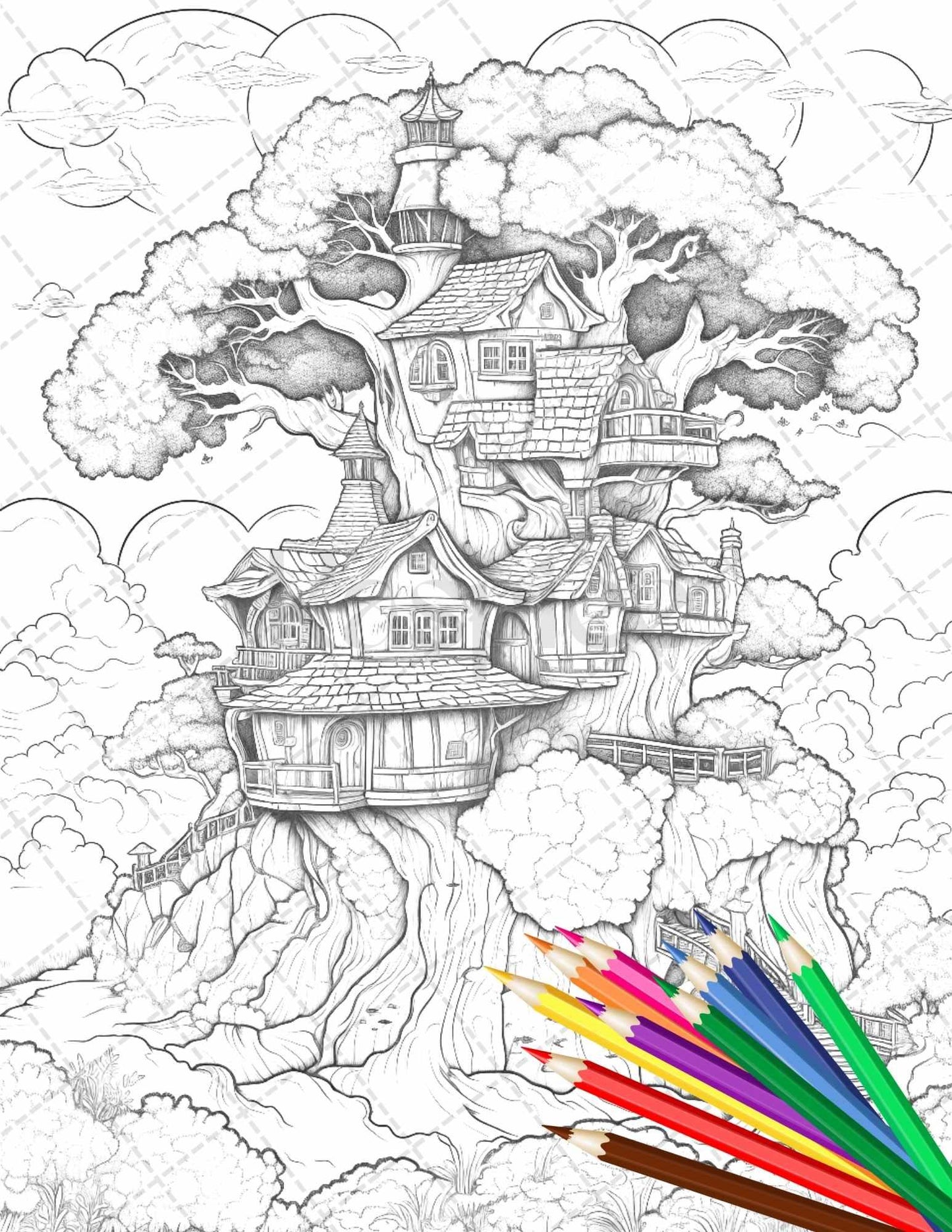 110 Enchanted Treehouse Coloring Book Printable for Adults, Grayscale Coloring Page, PDF File Instant Download