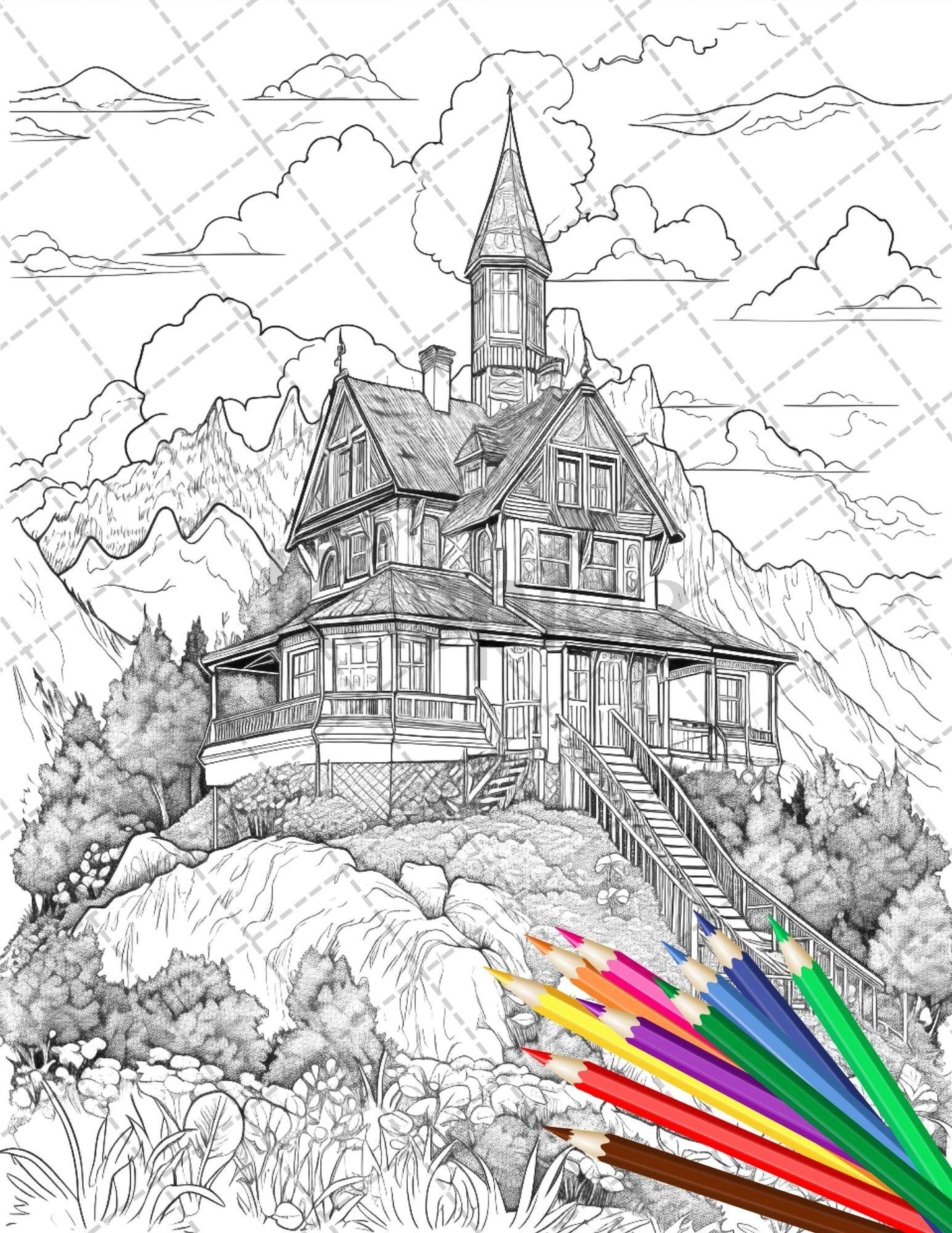 122 Fantasy Castles Coloring Book for Adults, Grayscale Coloring Page, Printable PDF Instant Download