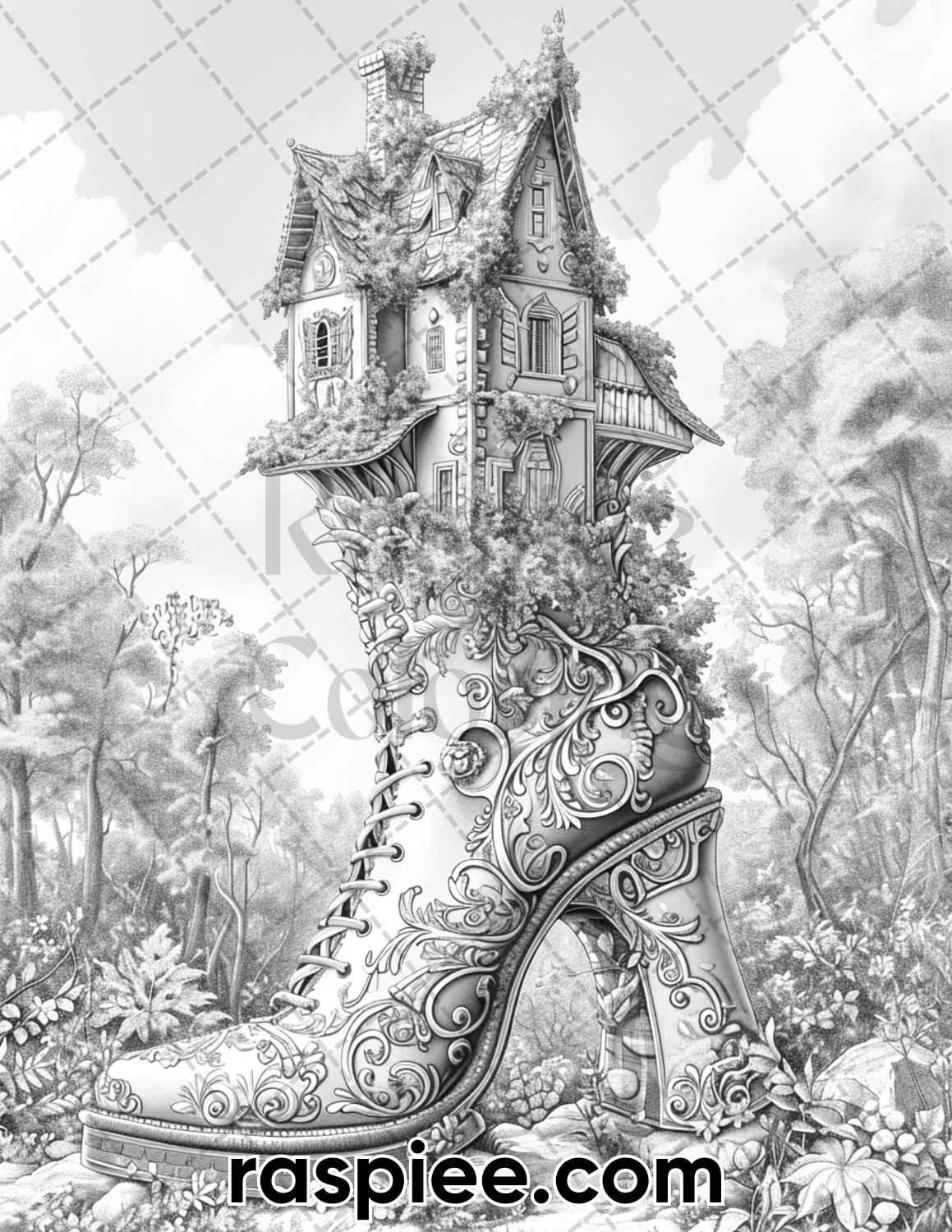 80 Fantasy Shoe House Grayscale Adult Coloring Pages, Printable PDF Instant Download