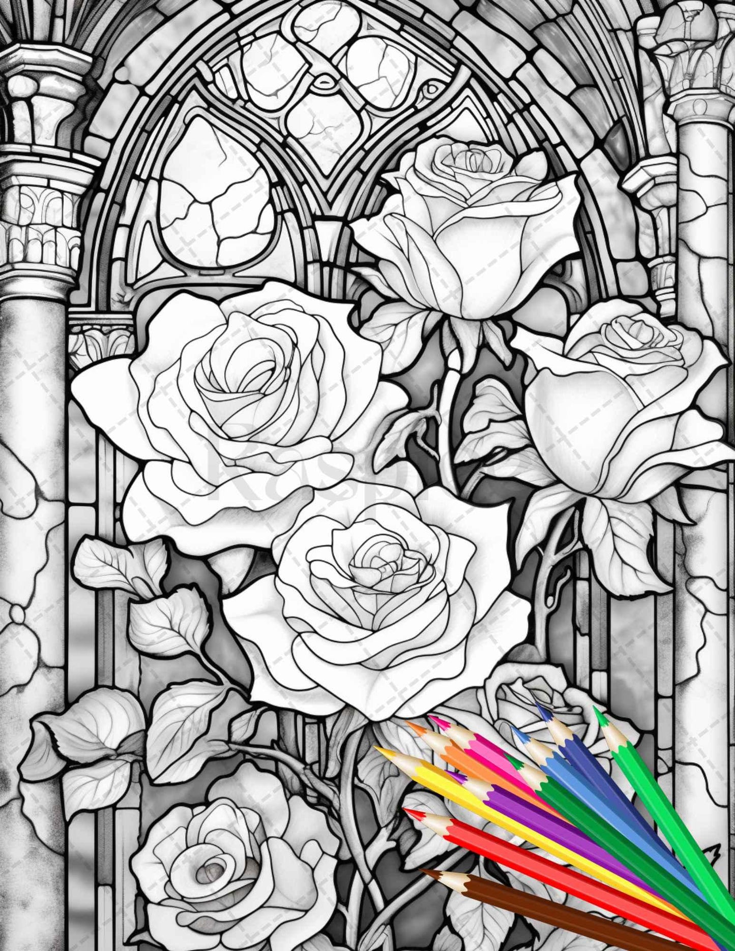 30 Stained Glass Flowers Grayscale Coloring Pages Printable for Adults, PDF File Instant Download