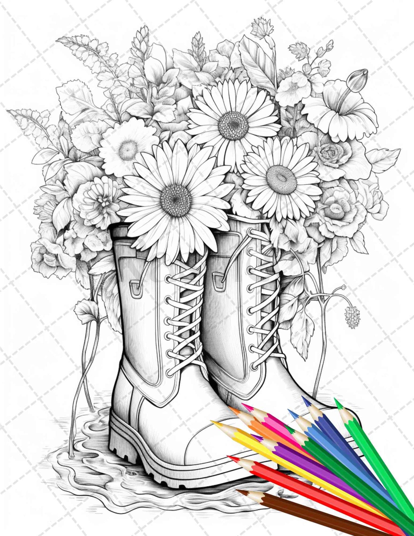 32 Flower Boots Coloring Pages Printable for Adults, Floral Grayscale Coloring Page, PDF File Instant Download