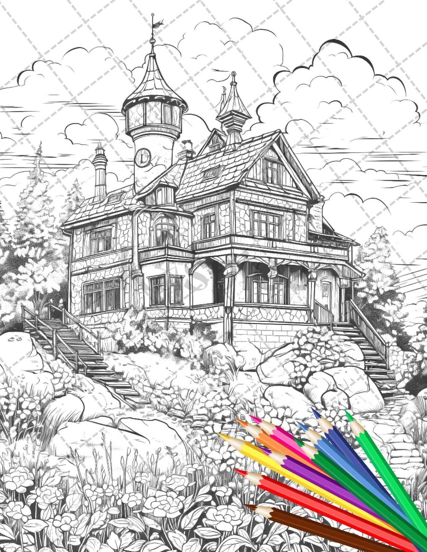 122 Fantasy Castles Coloring Book for Adults, Grayscale Coloring Page, Printable PDF Instant Download