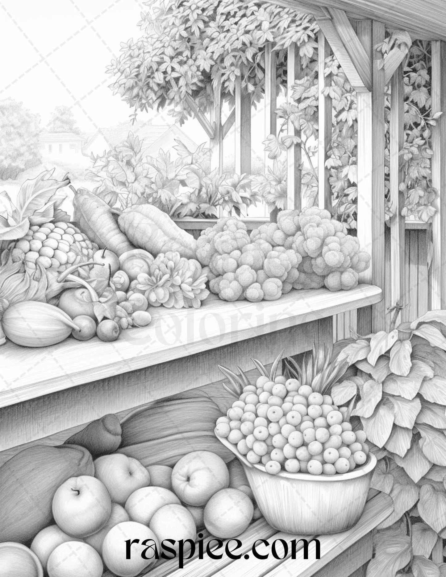 Relaxing Fruit Garden Grayscale Coloring Pages Printable for Adults, PDF File Instant Download
