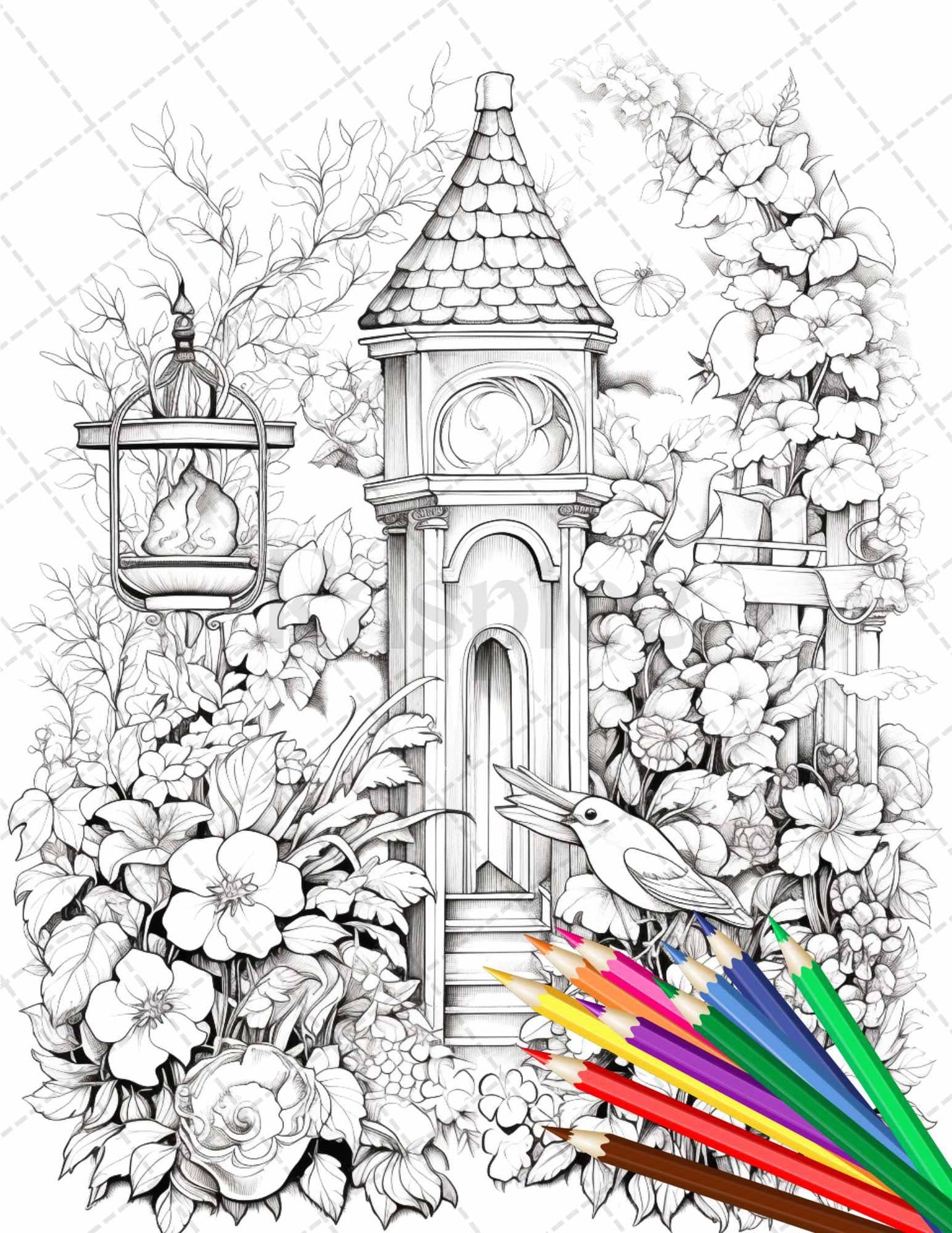 Secret Garden Coloring Pages Printable for Adults, Grayscale Coloring Page, PDF File Instant Download