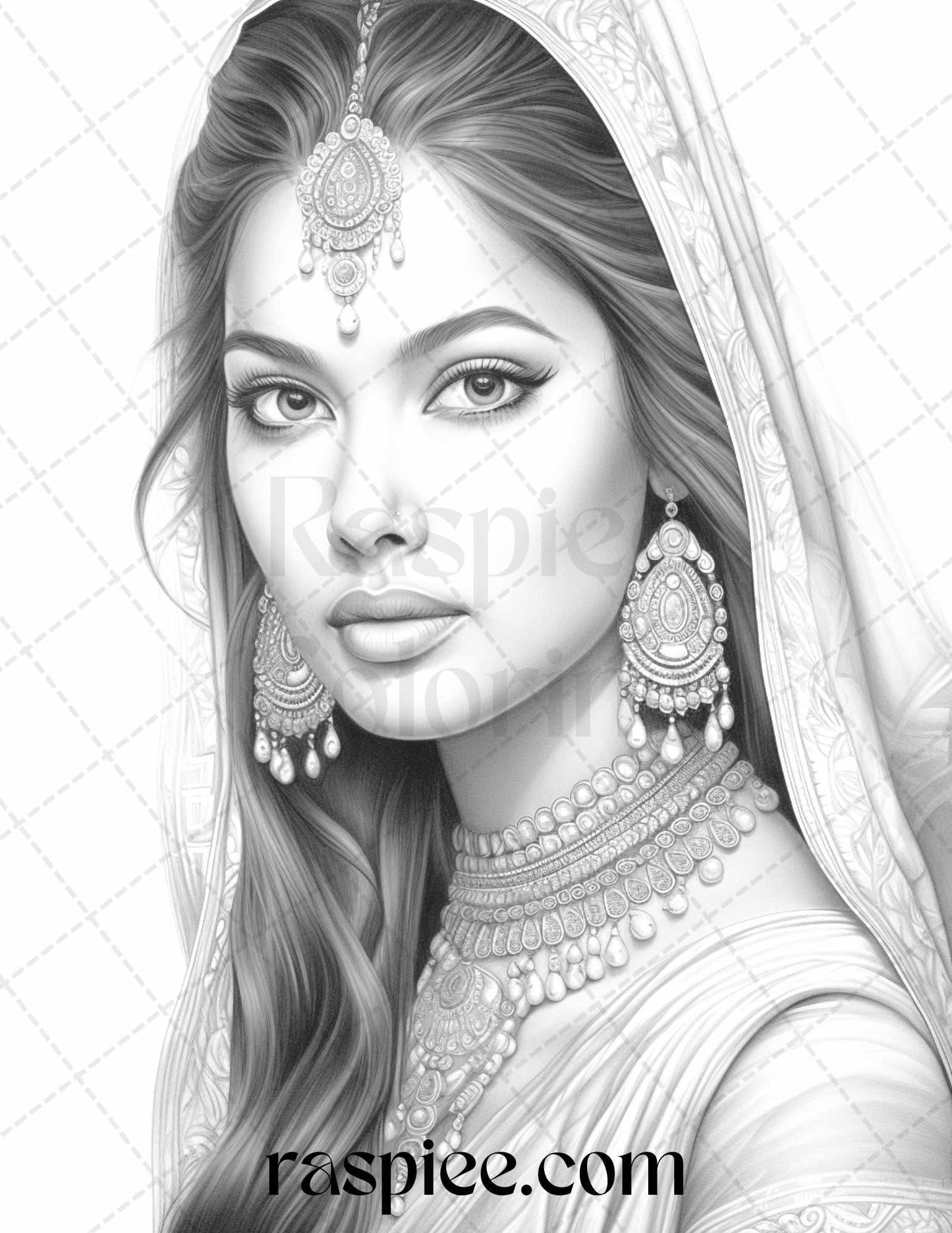 50 Beautiful Indian Women Grayscale Coloring Pages for Adults, Printable PDF File Instant Download