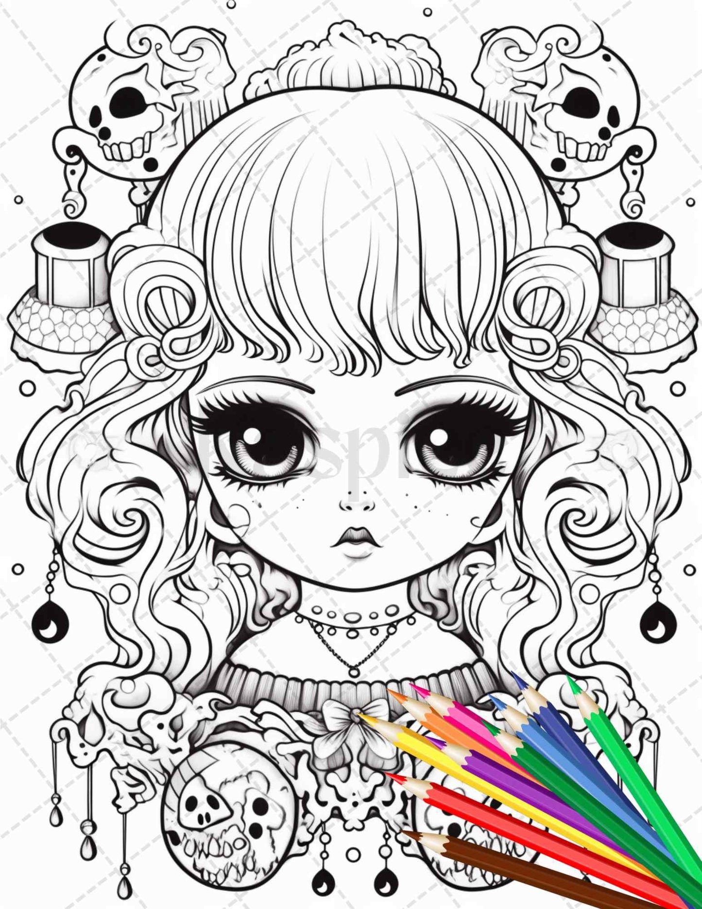 32 Creepy Kawaii Pastel Goth Coloring Pages Printable for Adults, Grayscale Coloring Page, PDF File Instant Download