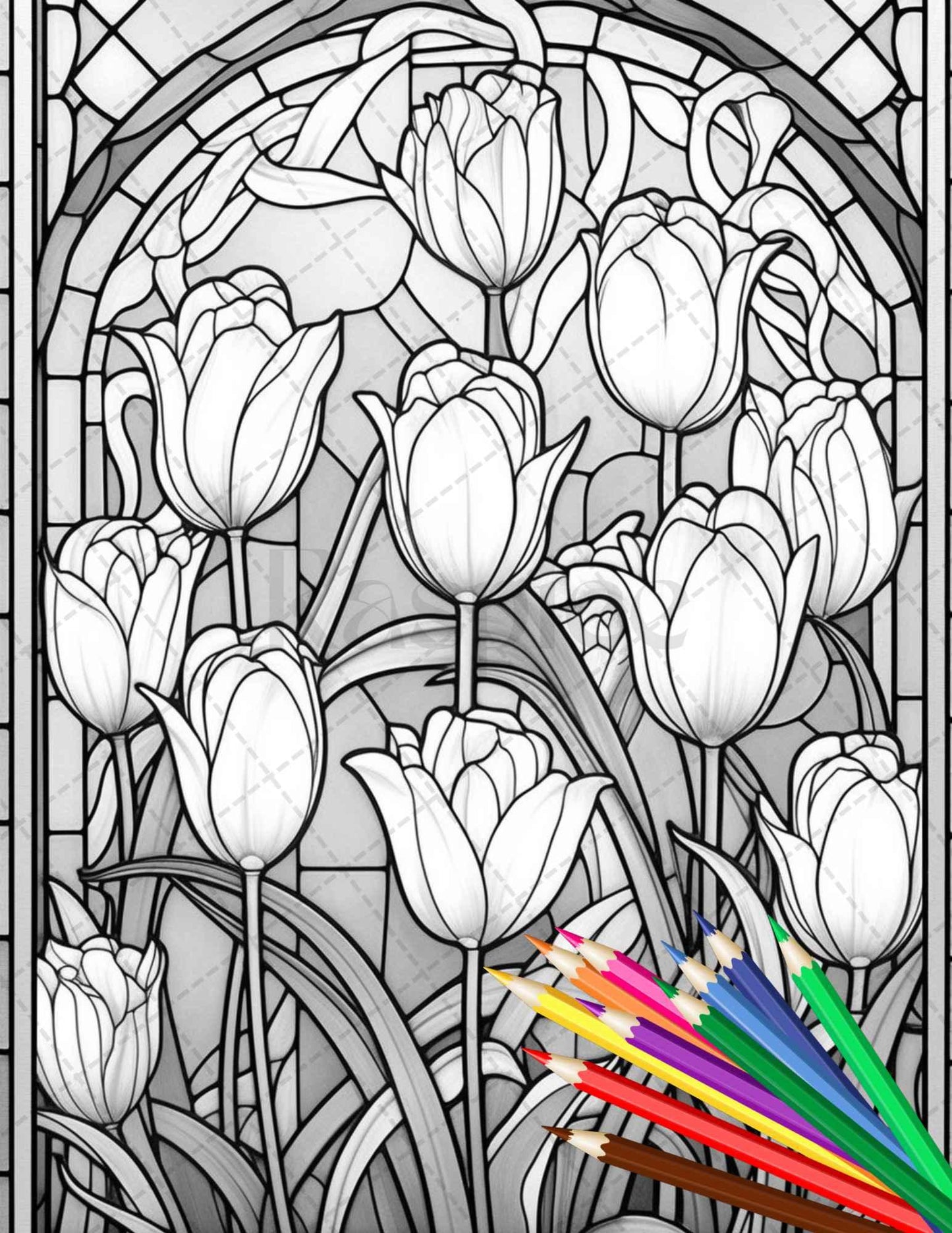 30 Stained Glass Flowers Grayscale Coloring Pages Printable for Adults, PDF File Instant Download