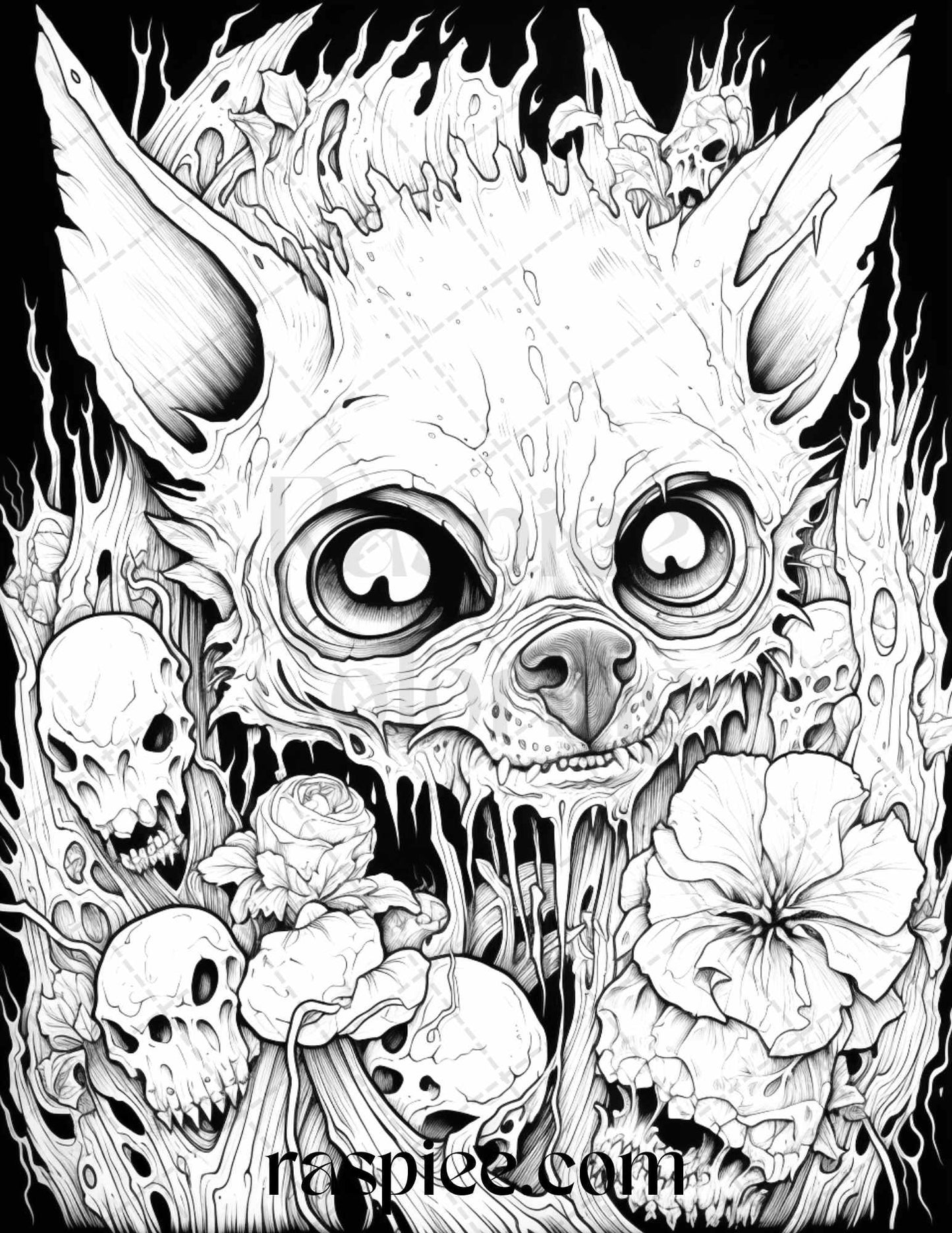 50 Halloween Scary Animals Grayscale Coloring Pages Printable for Adults, PDF File Instant Download
