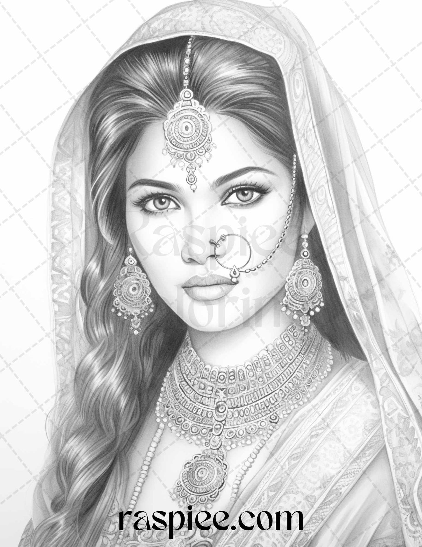 50 Beautiful Indian Women Grayscale Coloring Pages for Adults, Printable PDF File Instant Download