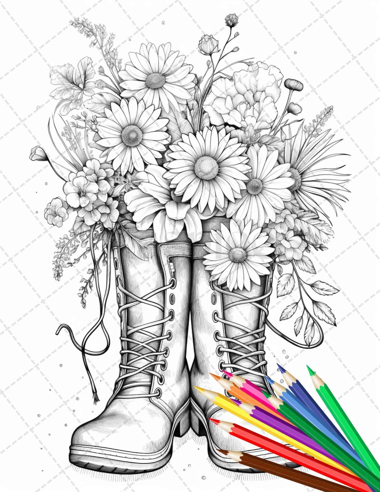 32 Flower Boots Coloring Pages Printable for Adults, Floral Grayscale Coloring Page, PDF File Instant Download